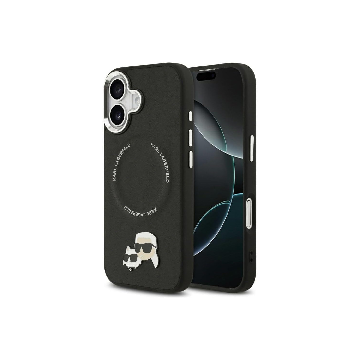 Custodia nera per telefono con motivo Karl Lagerfeld e iPhone.