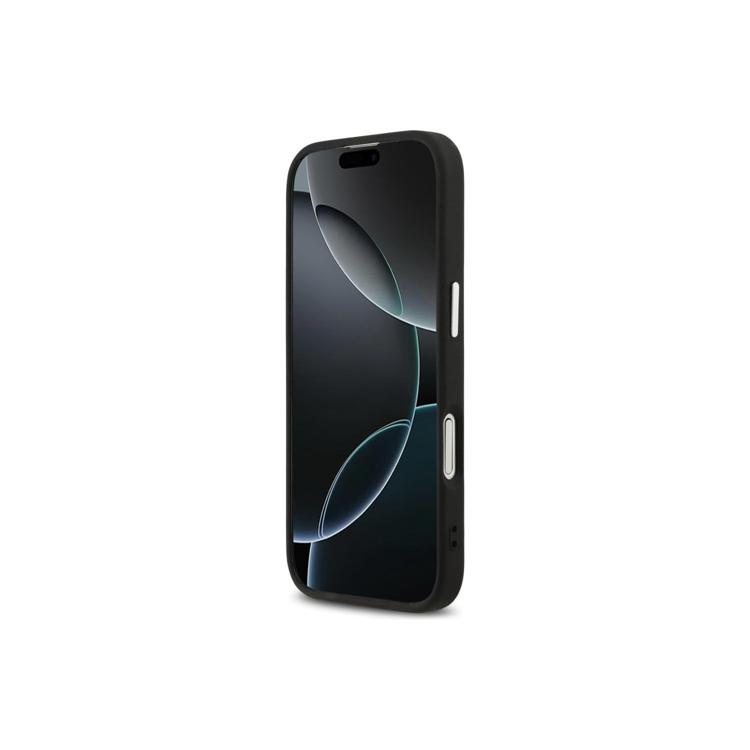 Smartphone nero in custodia nera, isolato su sfondo bianco.