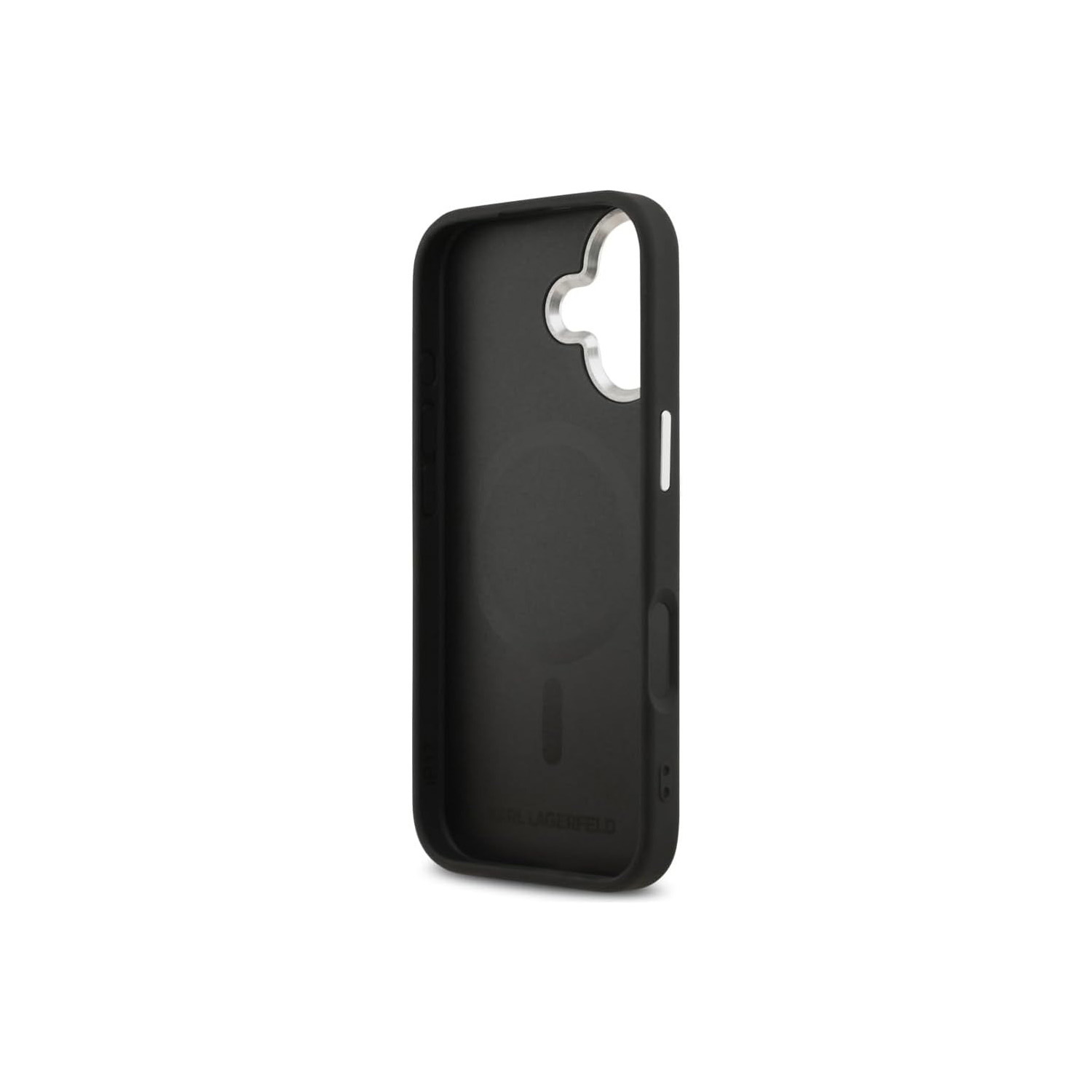 Custodia nera per telefono con ritaglio argento per fotocamera su sfondo bianco.