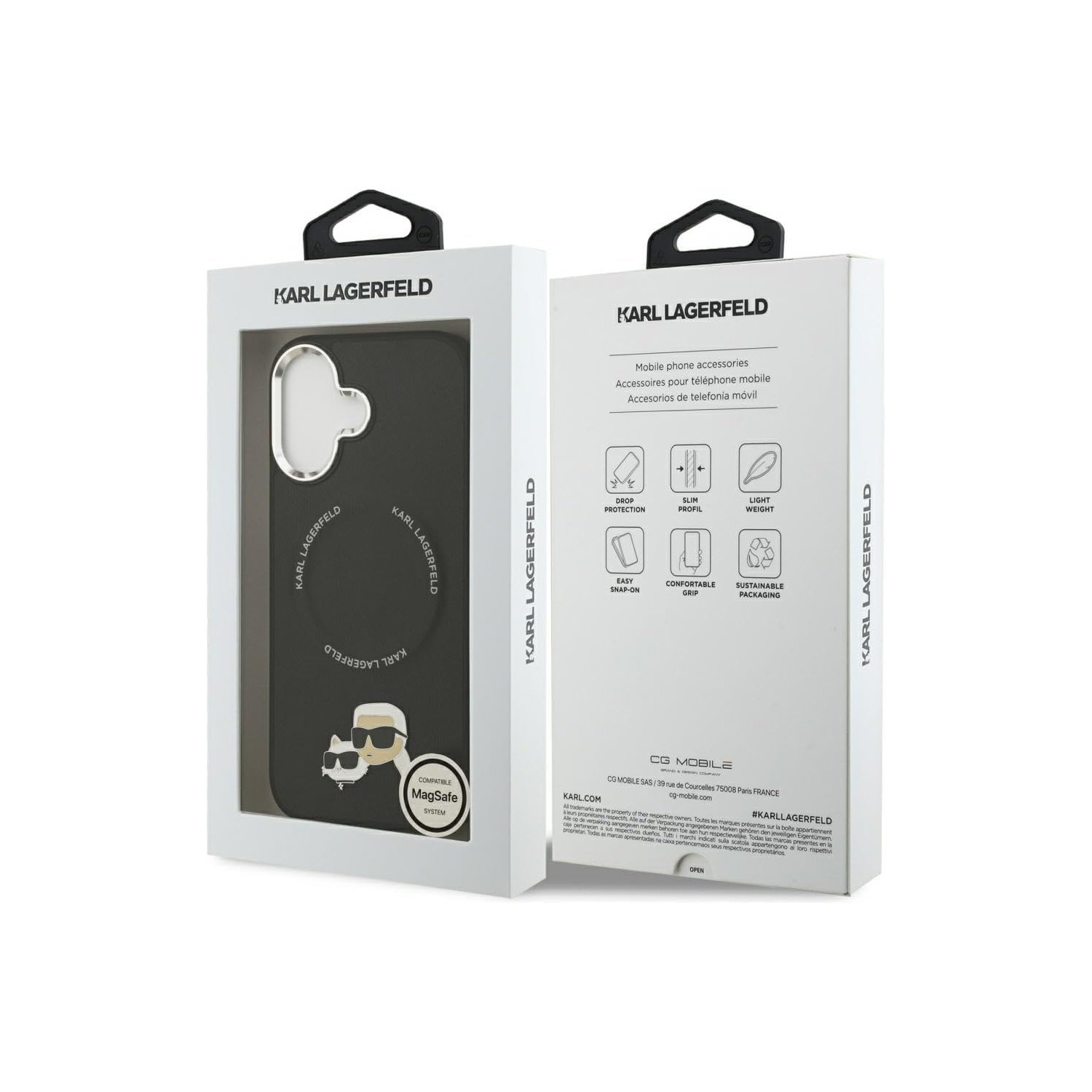 Custodia nera Karl Lagerfeld con compatibilità MagSafe e design iconico.