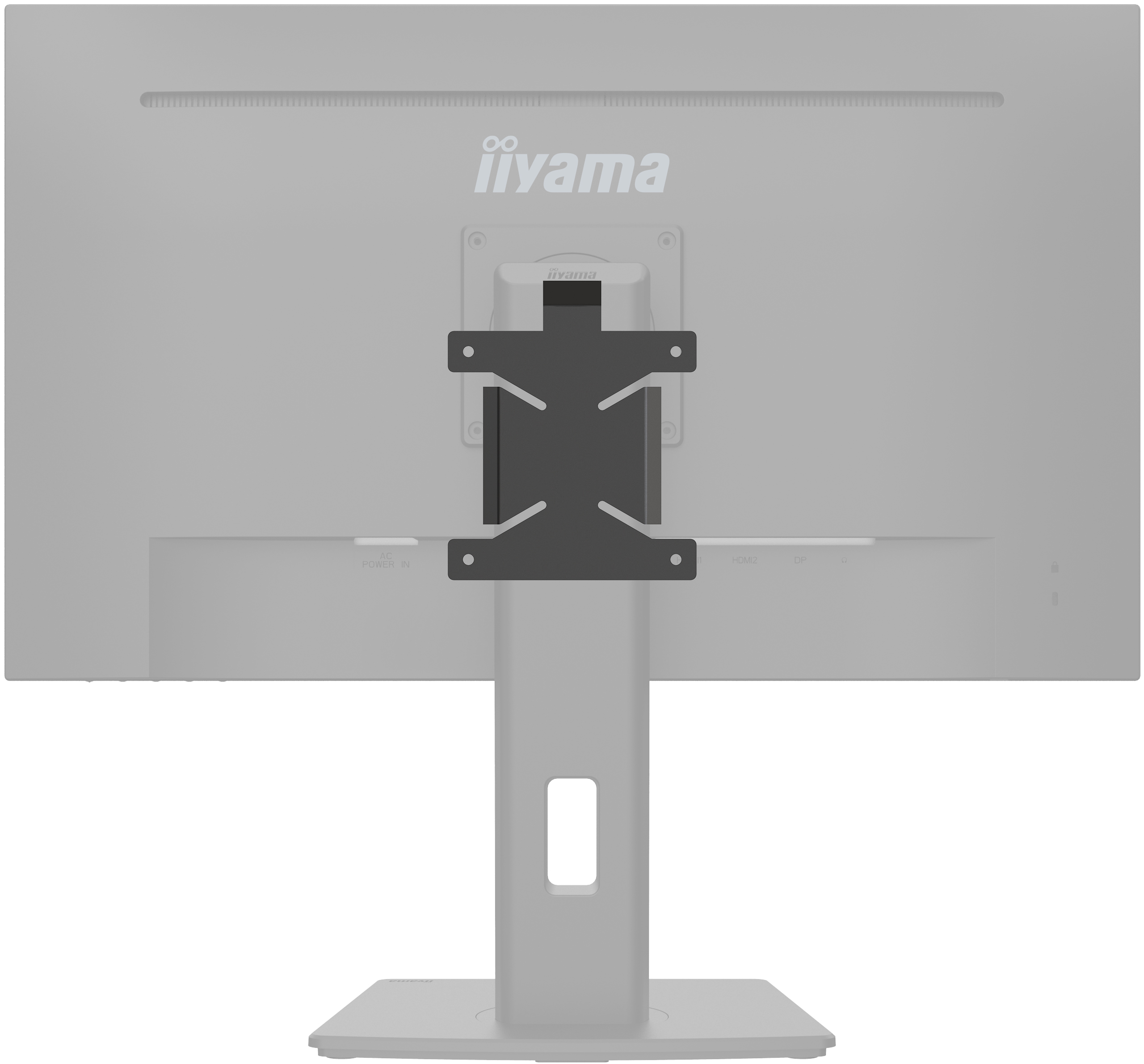 Retro di un monitor grigio con supporto VESA e porte.