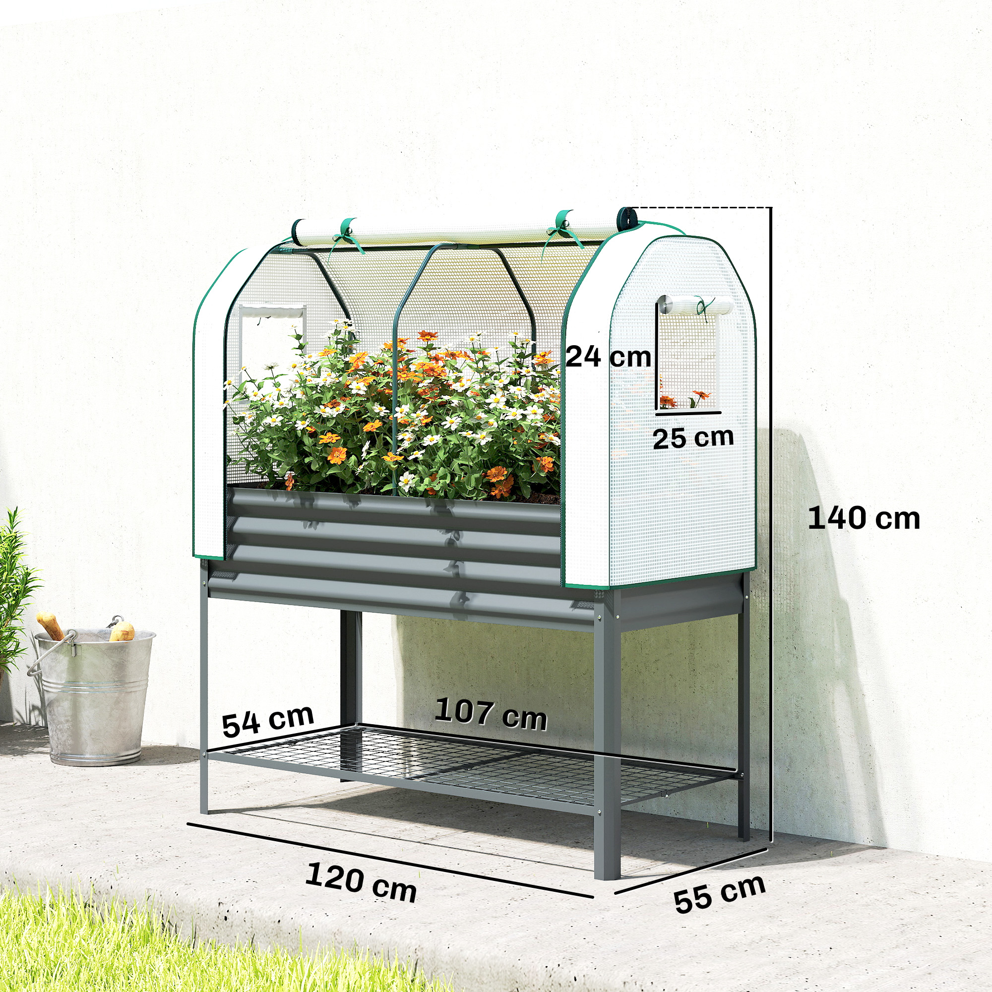 Un bancal elevado con cubierta de invernadero, lleno de flores. Se muestran las dimensiones.