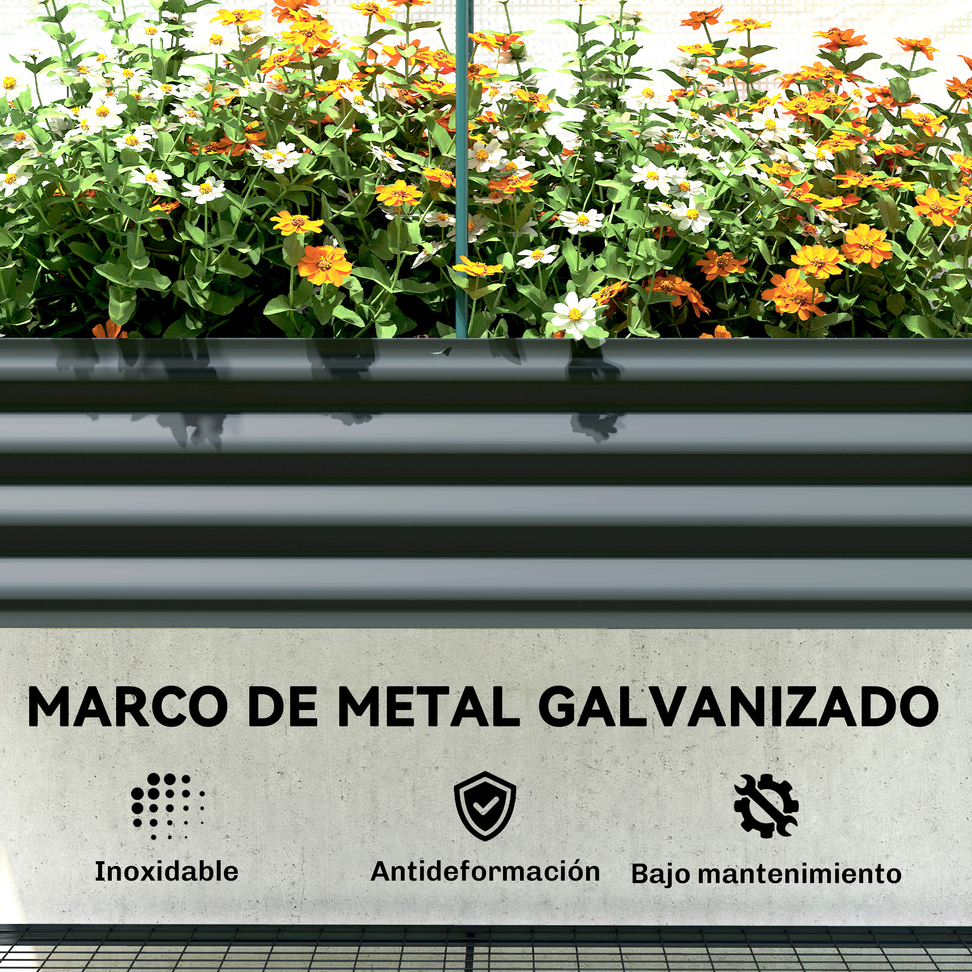 Un marco de metal gris con flores, con texto: "MARCO DE METAL GALVANIZADO".