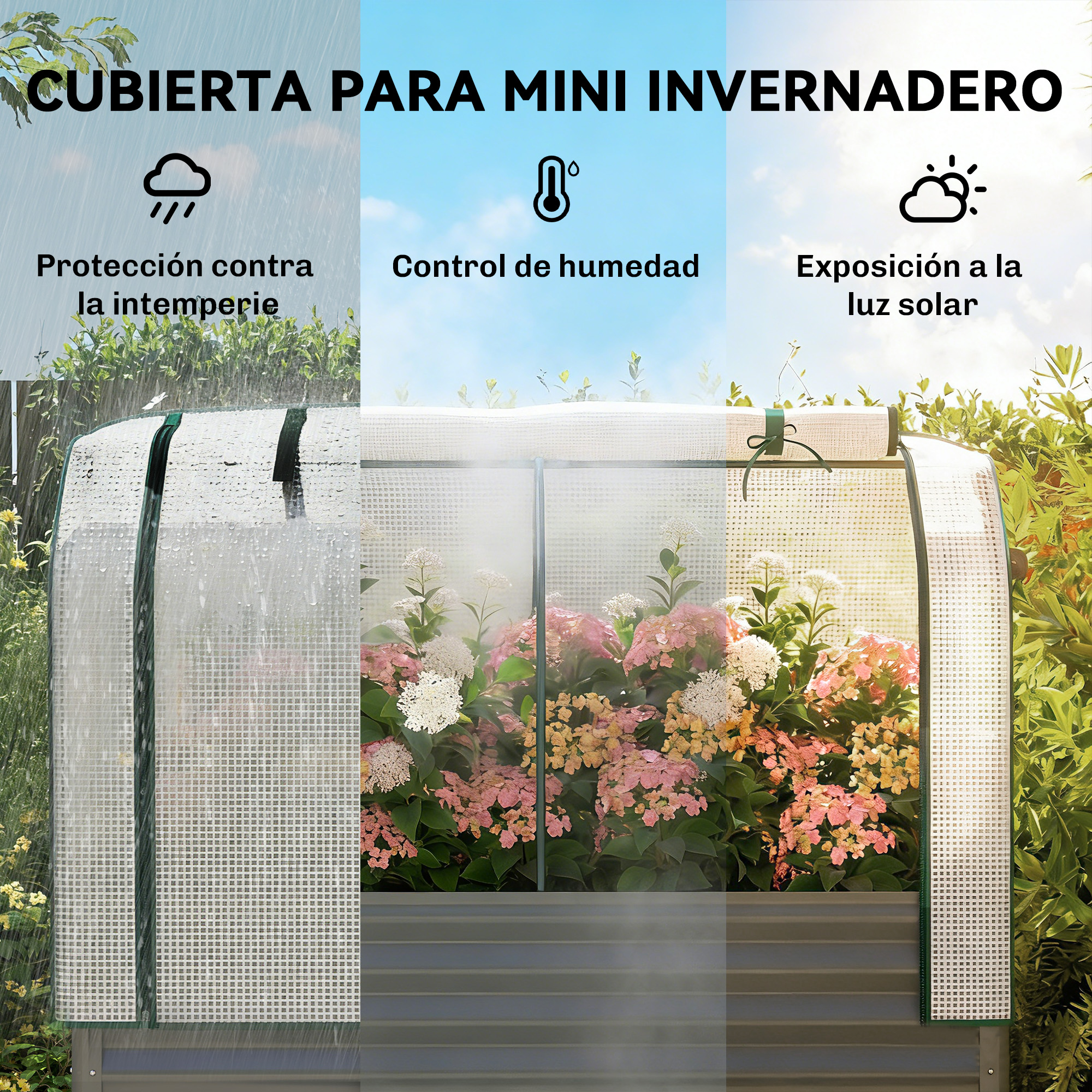Cubierta de mini invernadero mostrando lluvia, control de humedad y sol.