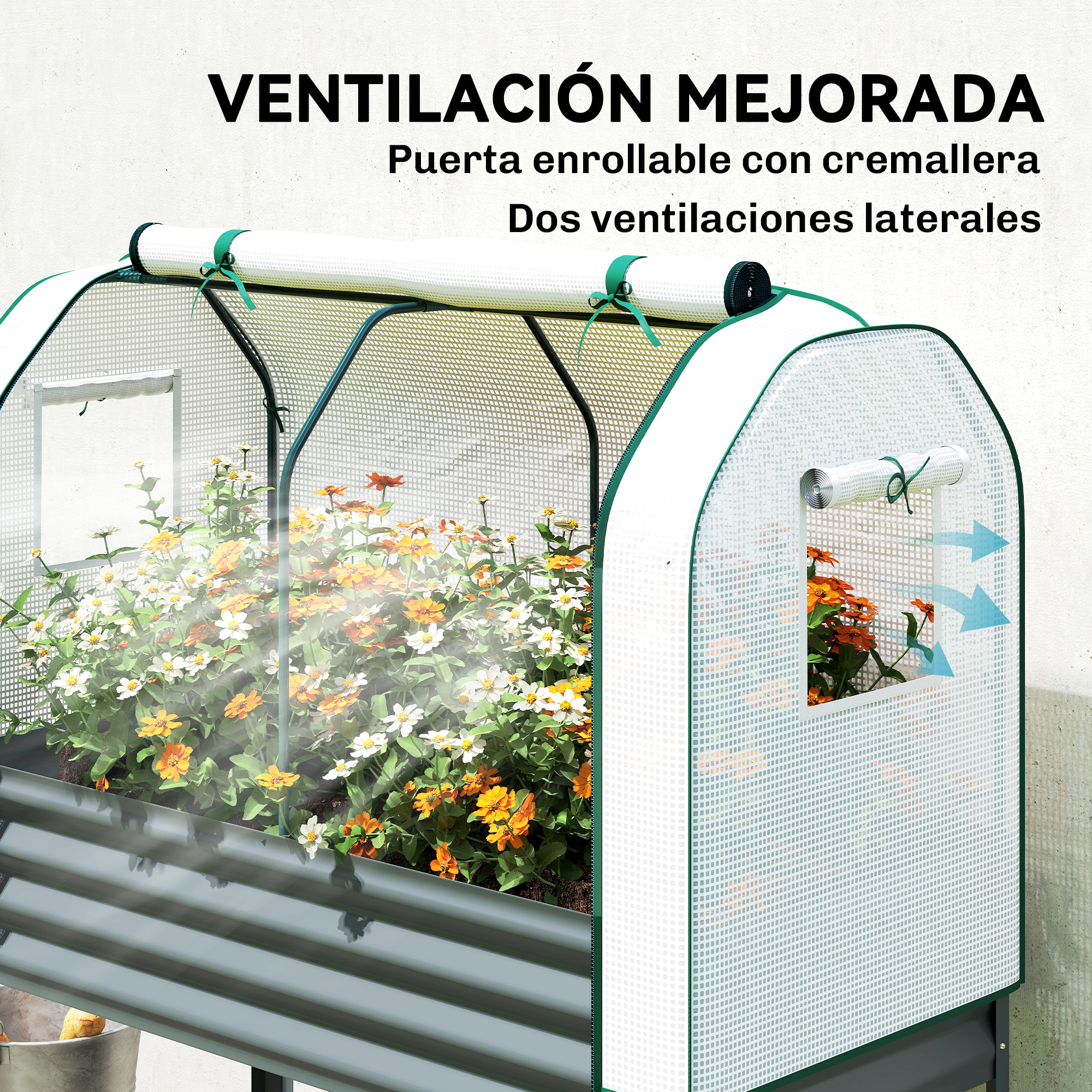 Un invernadero con puerta enrollable de cremallera y ventilaciones laterales.