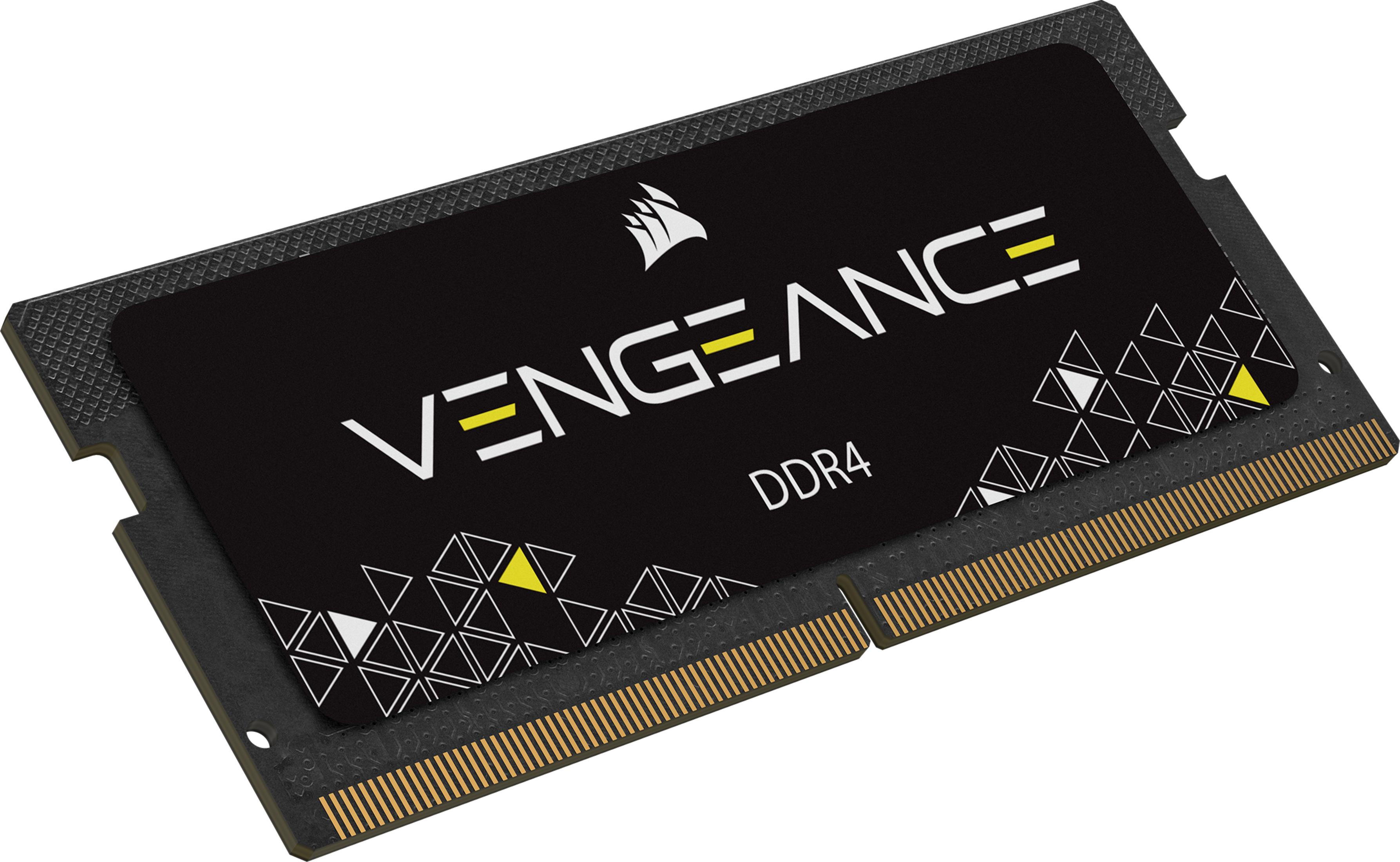 Un modulo RAM DDR4 nero con triangoli bianchi e gialli e la scritta VENGEANCE.