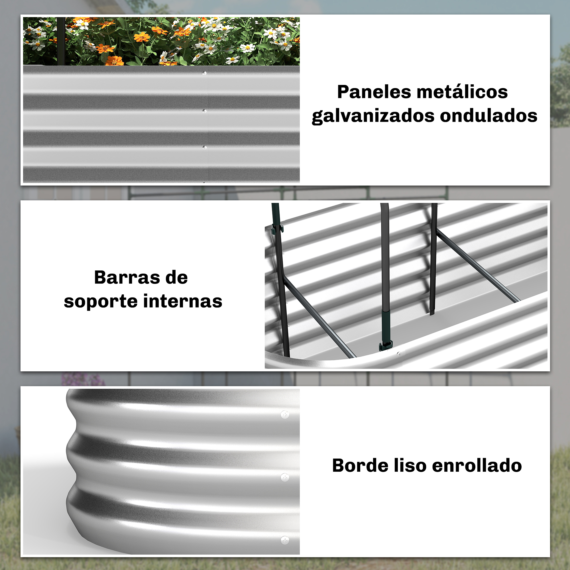 Paneles metálicos galvanizados corrugados con flores y barras de soporte.