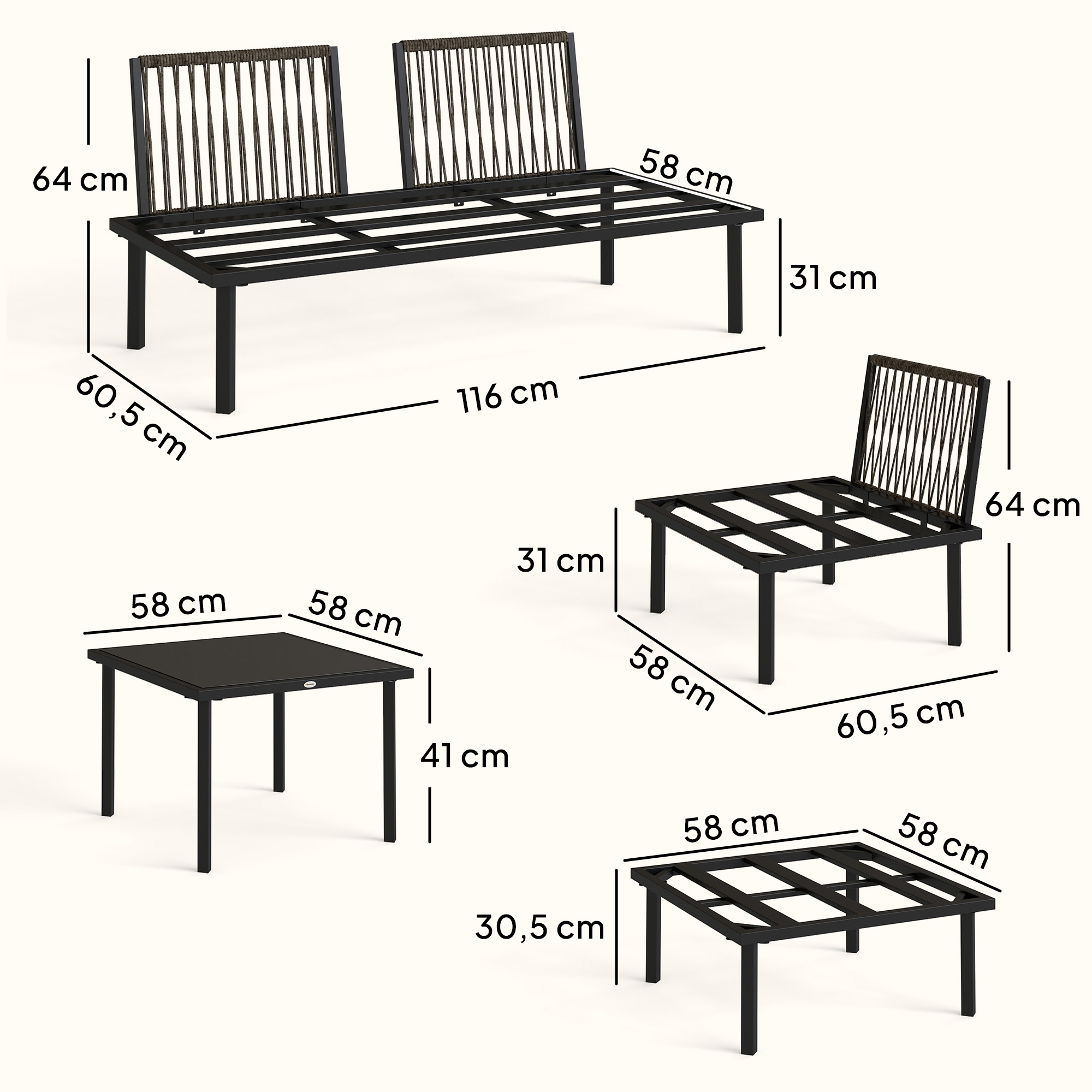 Marco de metal negro para banco de jardín y mesa con dimensiones.