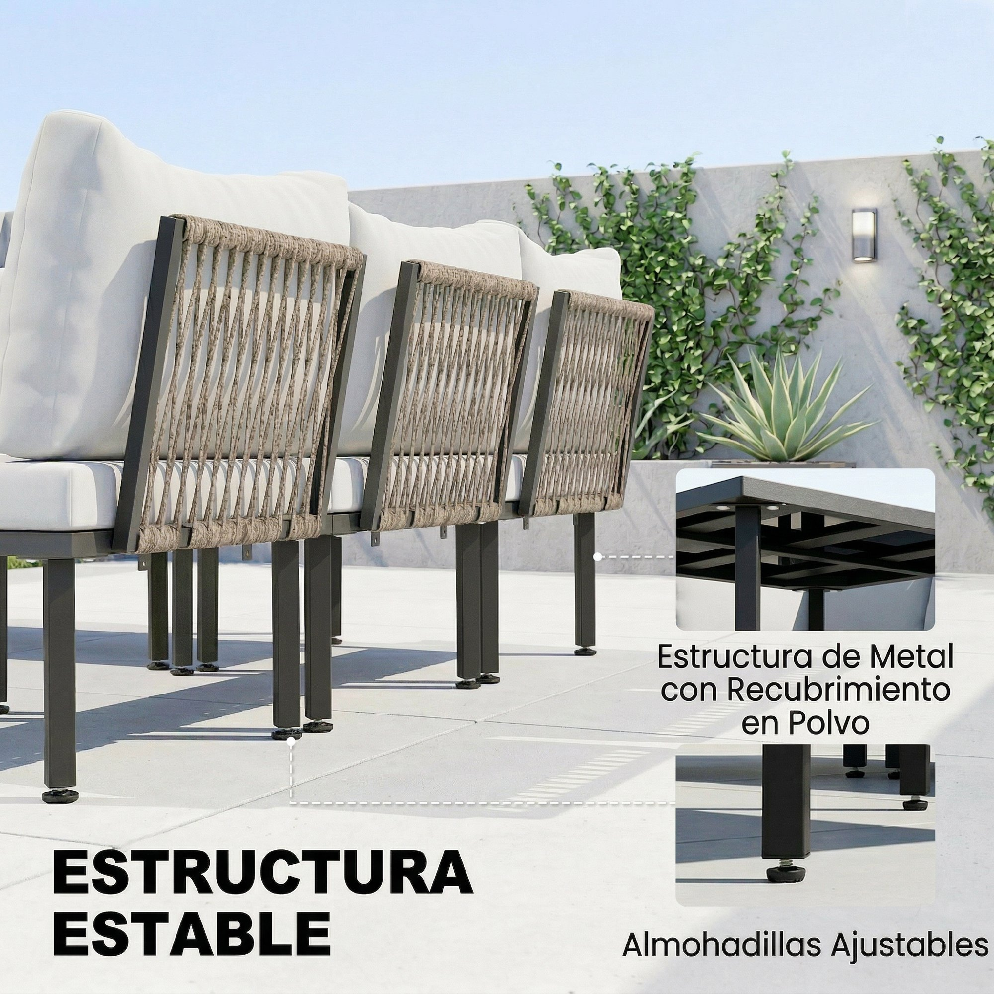 Sofá de exterior con cojines blancos, respaldos de cuerda trenzada y patas de metal oscuro con pies ajustables en un patio.
