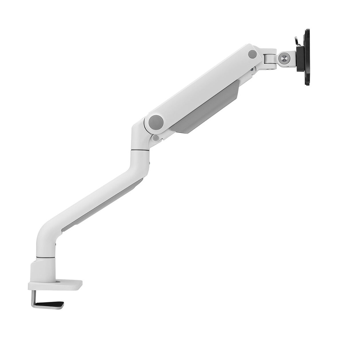 A white monitor arm with a clamp base on a white background.