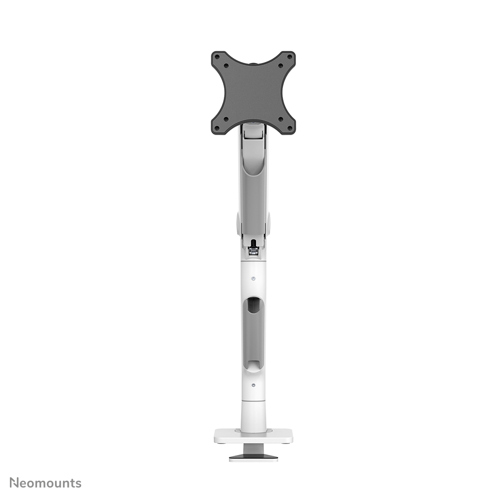 White monitor arm with gray VESA mount and clamp base on white background.
