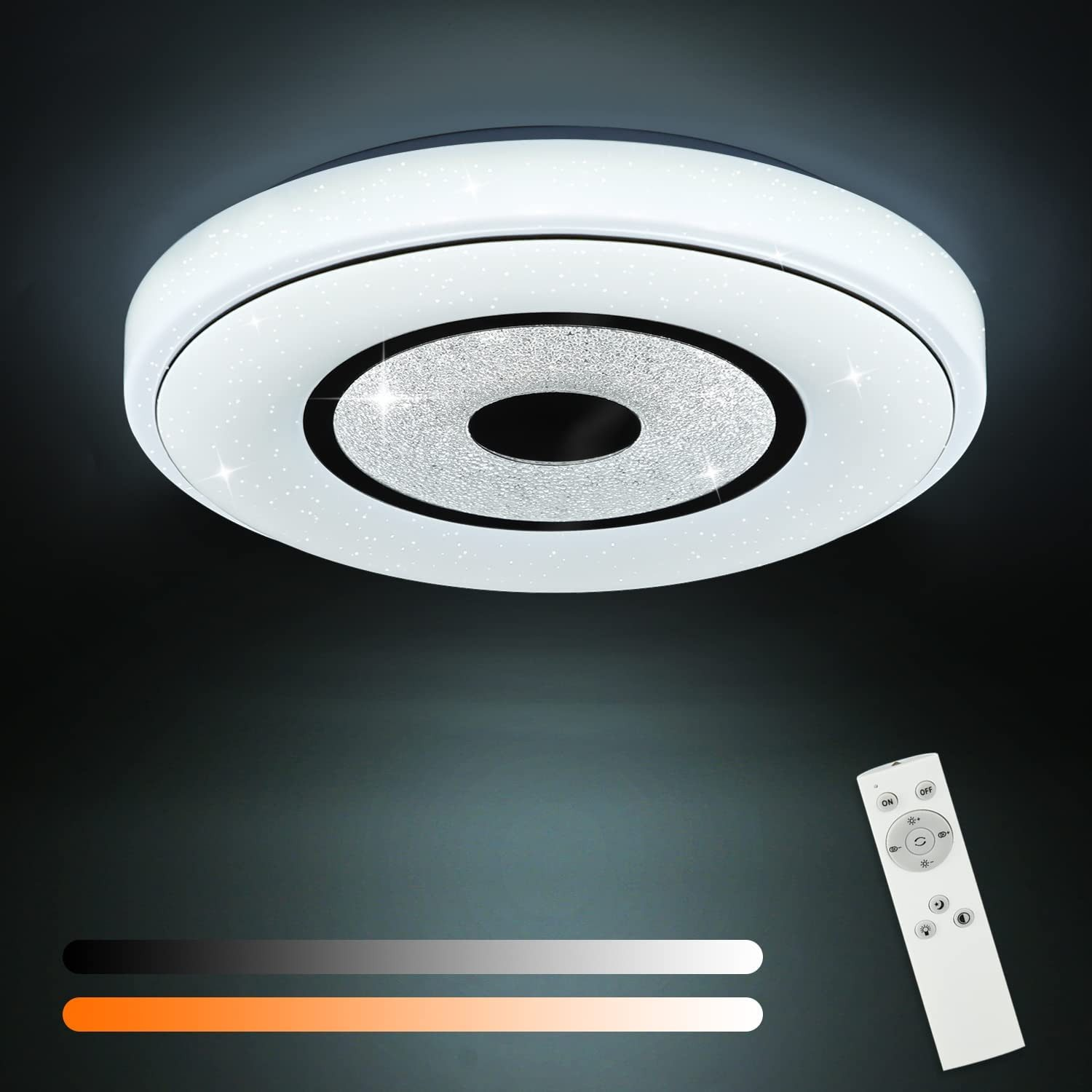 Plafoniera moderna con telecomando e opzioni colore/luminosità.