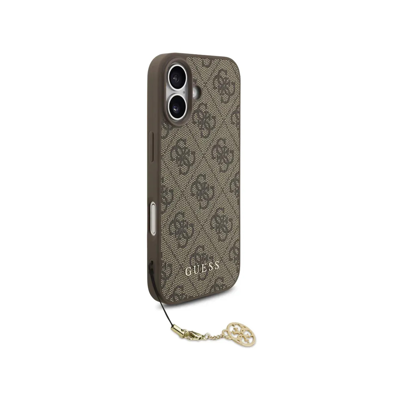 Custodia Guess marrone con logo e ciondolo su sfondo bianco.