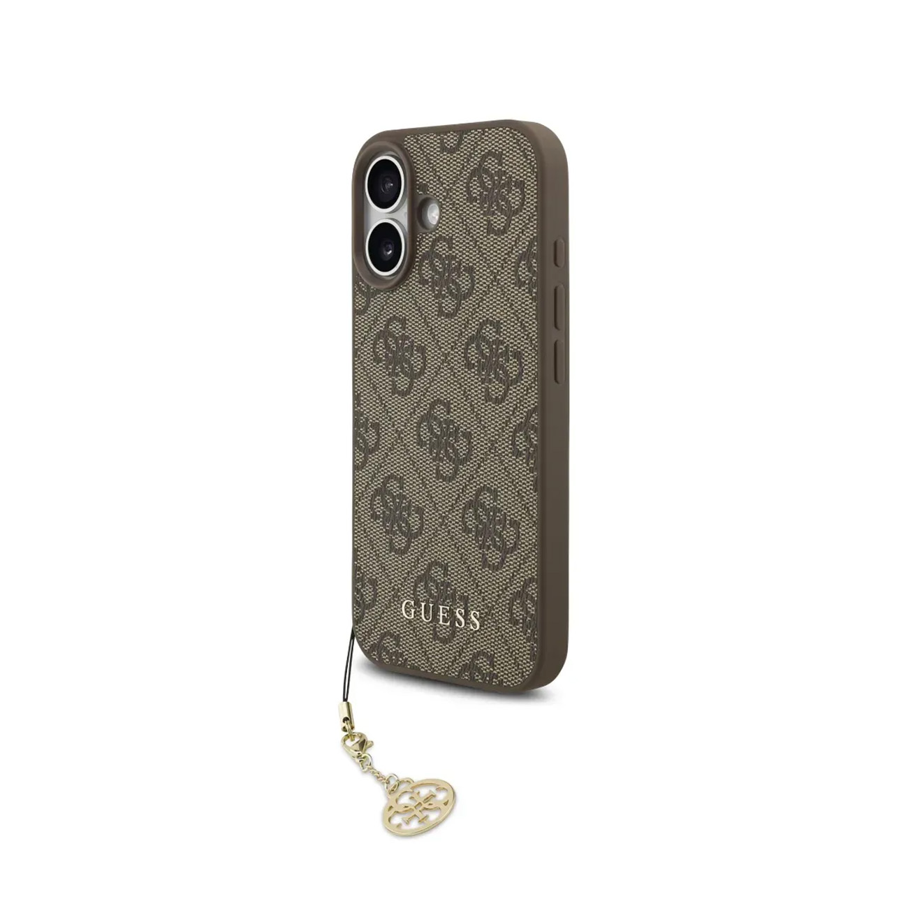 Custodia marrone Guess per telefono con motivo logo ripetuto e ciondolo dorato.