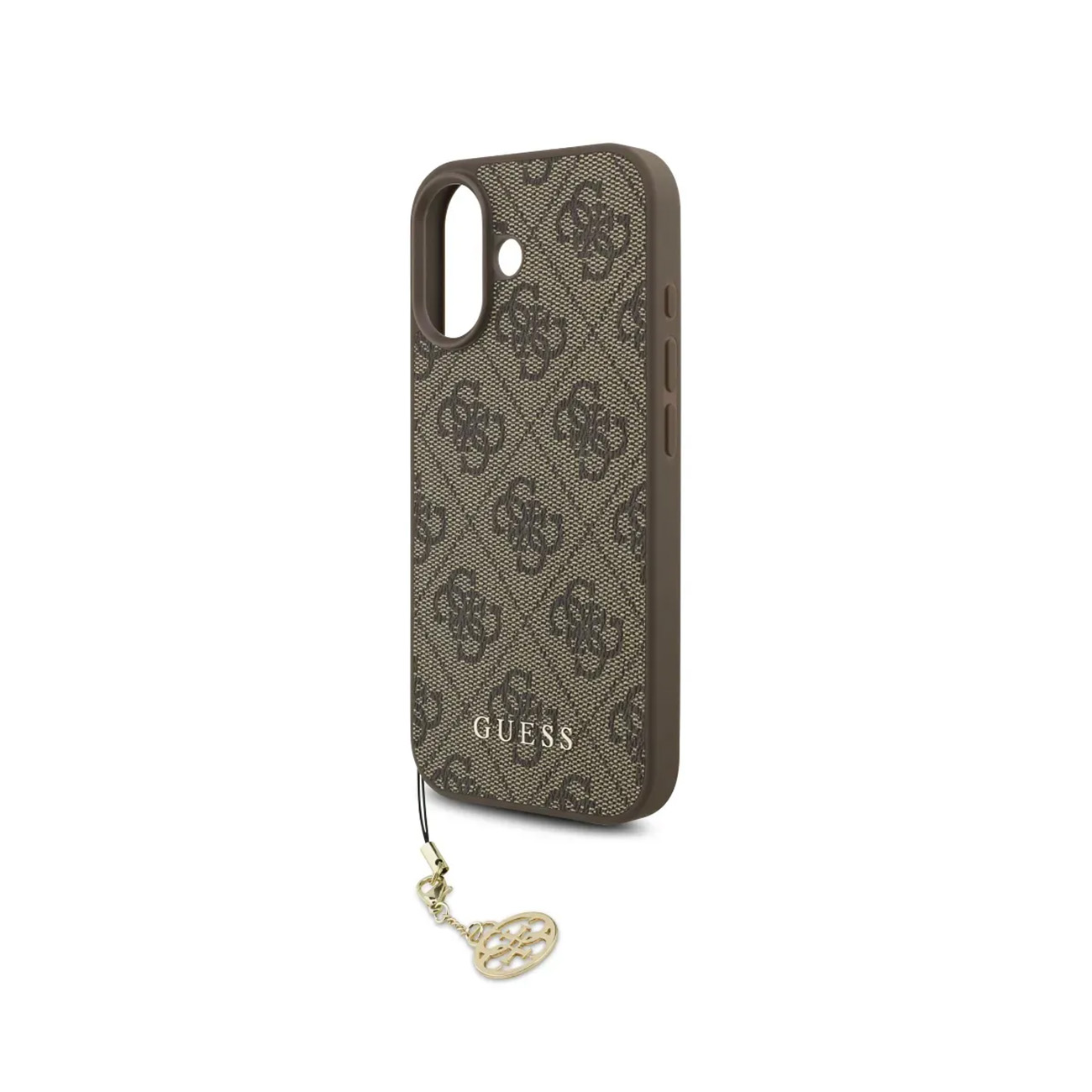 Custodia per telefono marrone con motivo logo Guess e ciondolo.