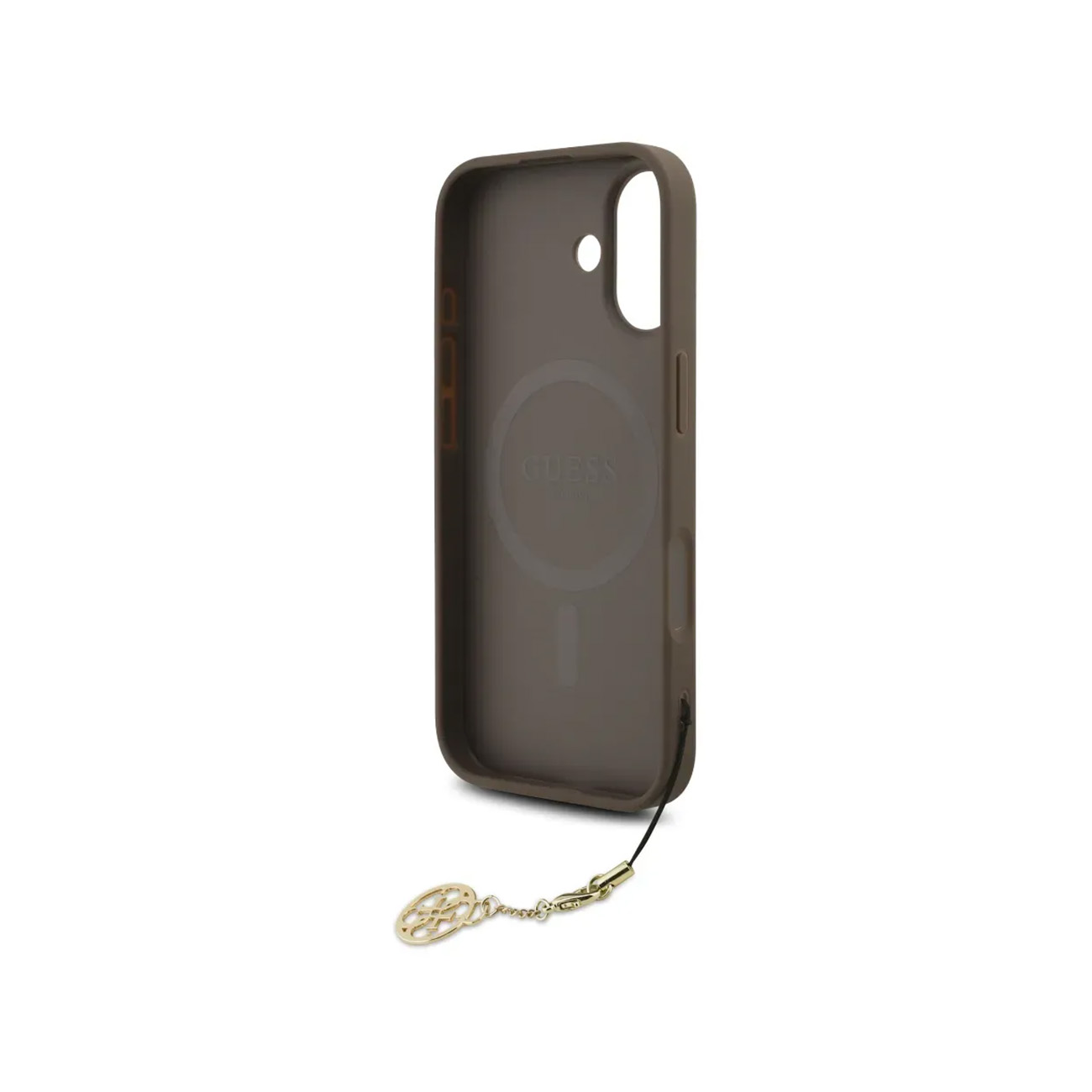 Una custodia marrone per iPhone con ciondolo dorato è mostrata su sfondo bianco.