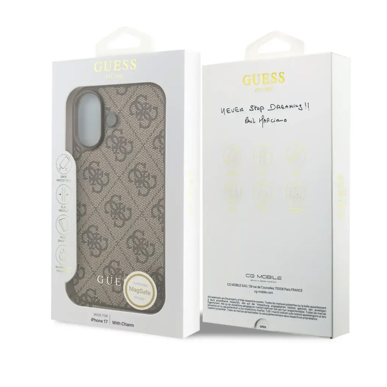 Custodia Guess iPhone 17 con MagSafe, fantasia marrone, firmata 'Never Stop Dreaming'.