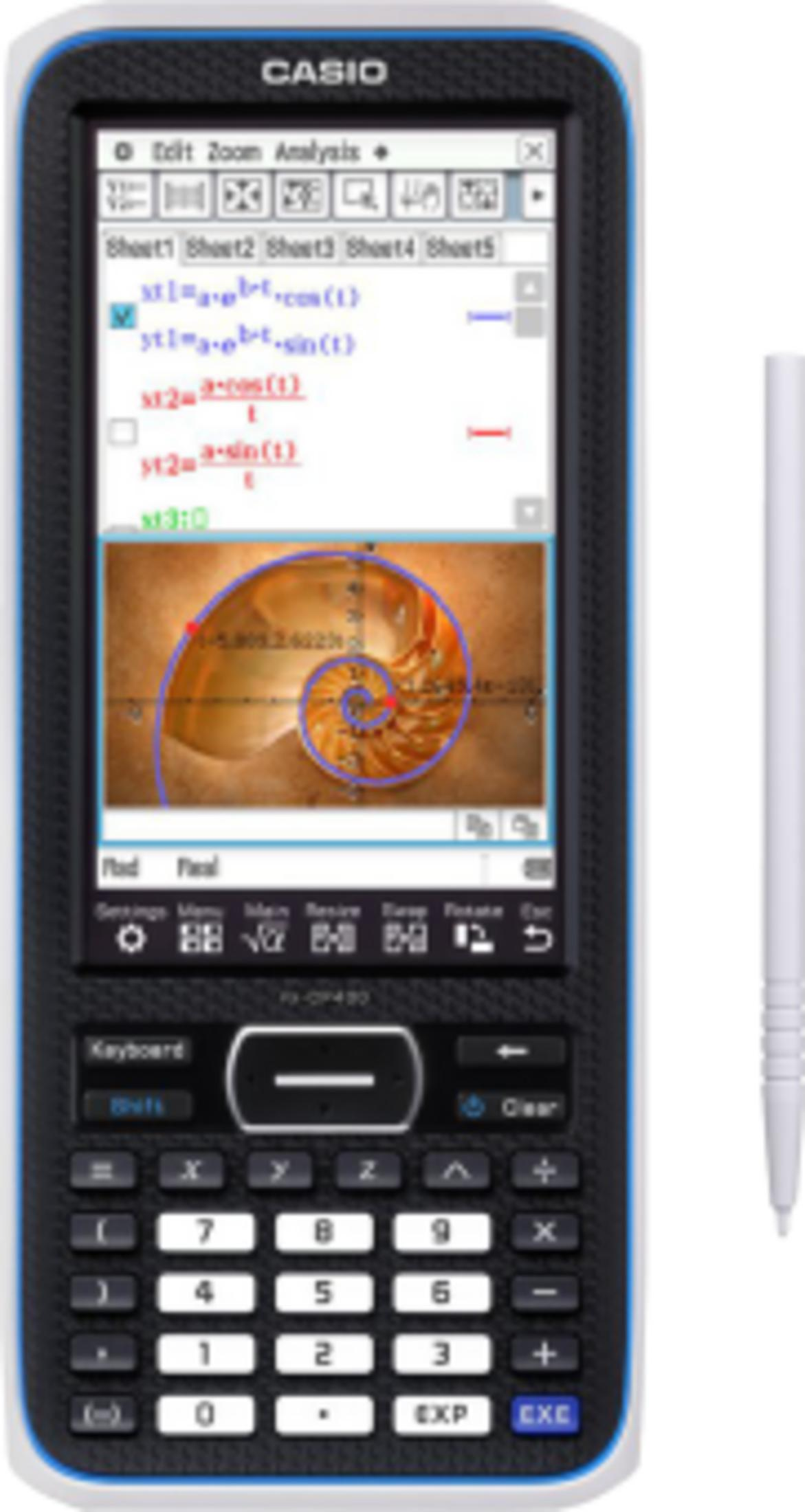 Une calculatrice Casio affiche une formule mathématique et un graphique en spirale.