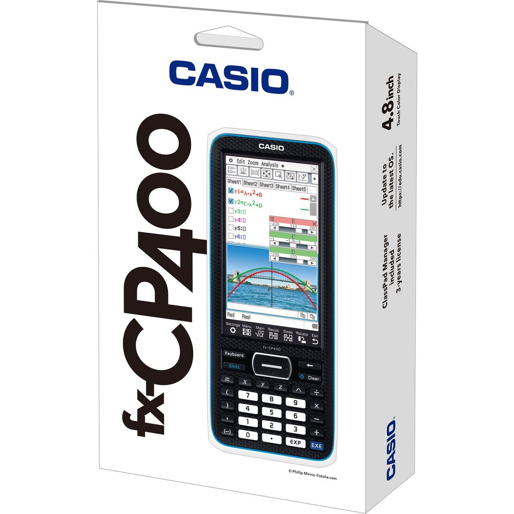 Emballage calculatrice Casio fx-CP400 montrant écran et clavier.