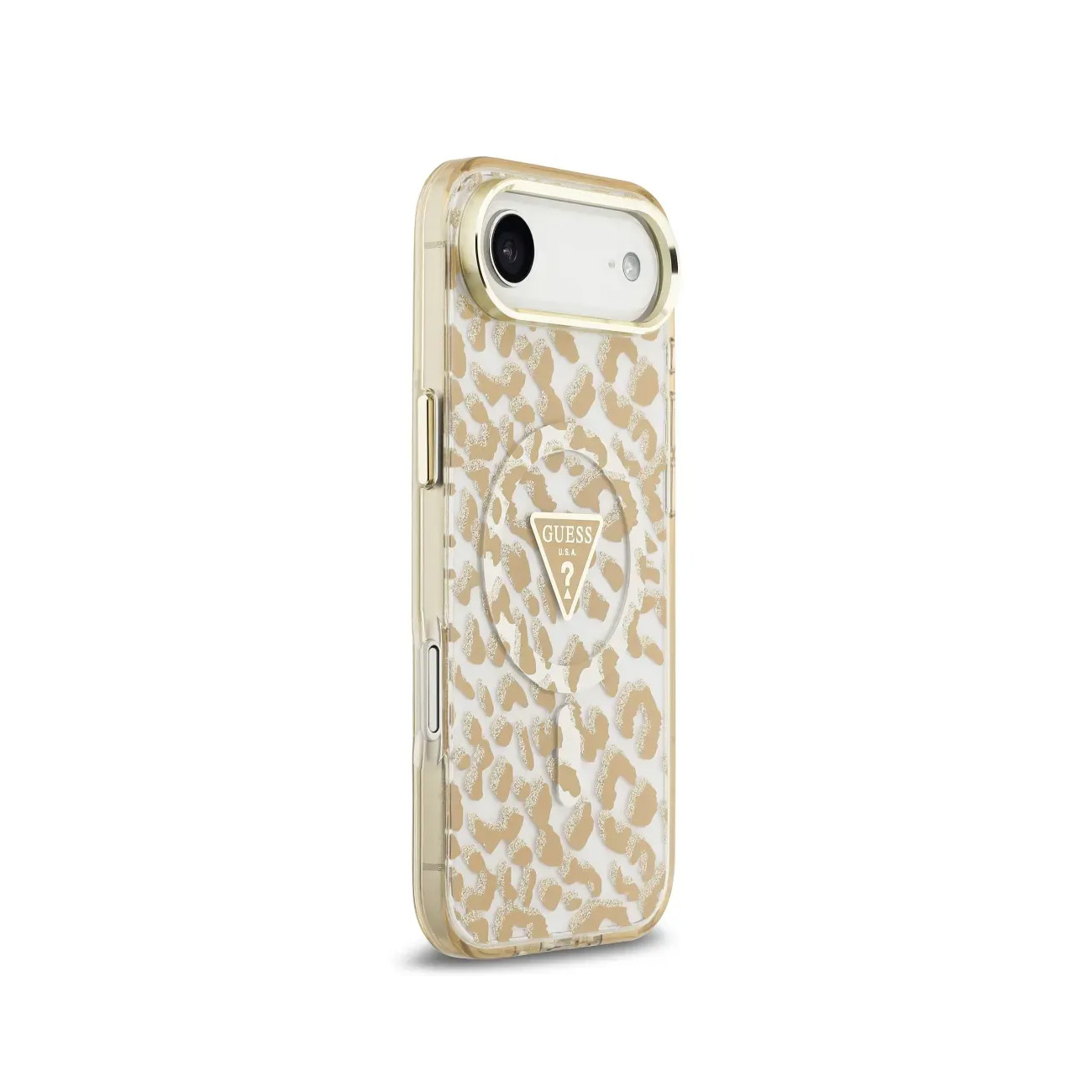 Una funda de teléfono transparente con estampado de leopardo y borde dorado.
