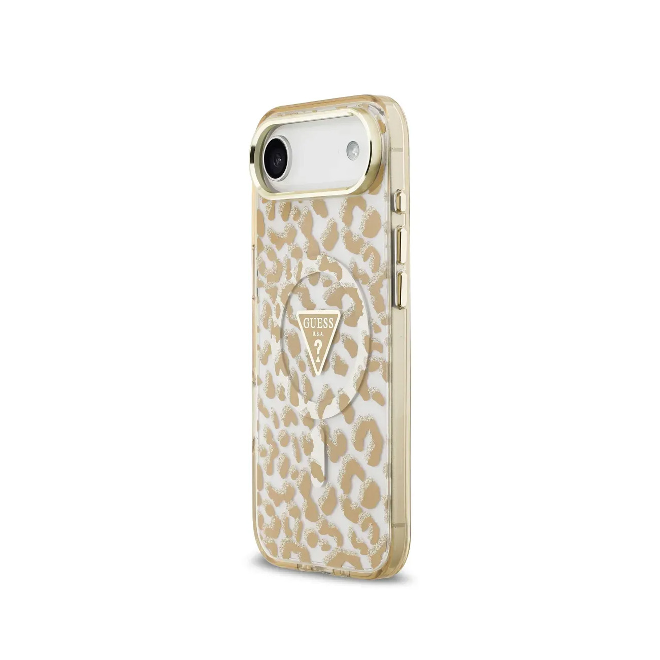 Una funda transparente para teléfono con estampado de leopardo y logo GUESS.