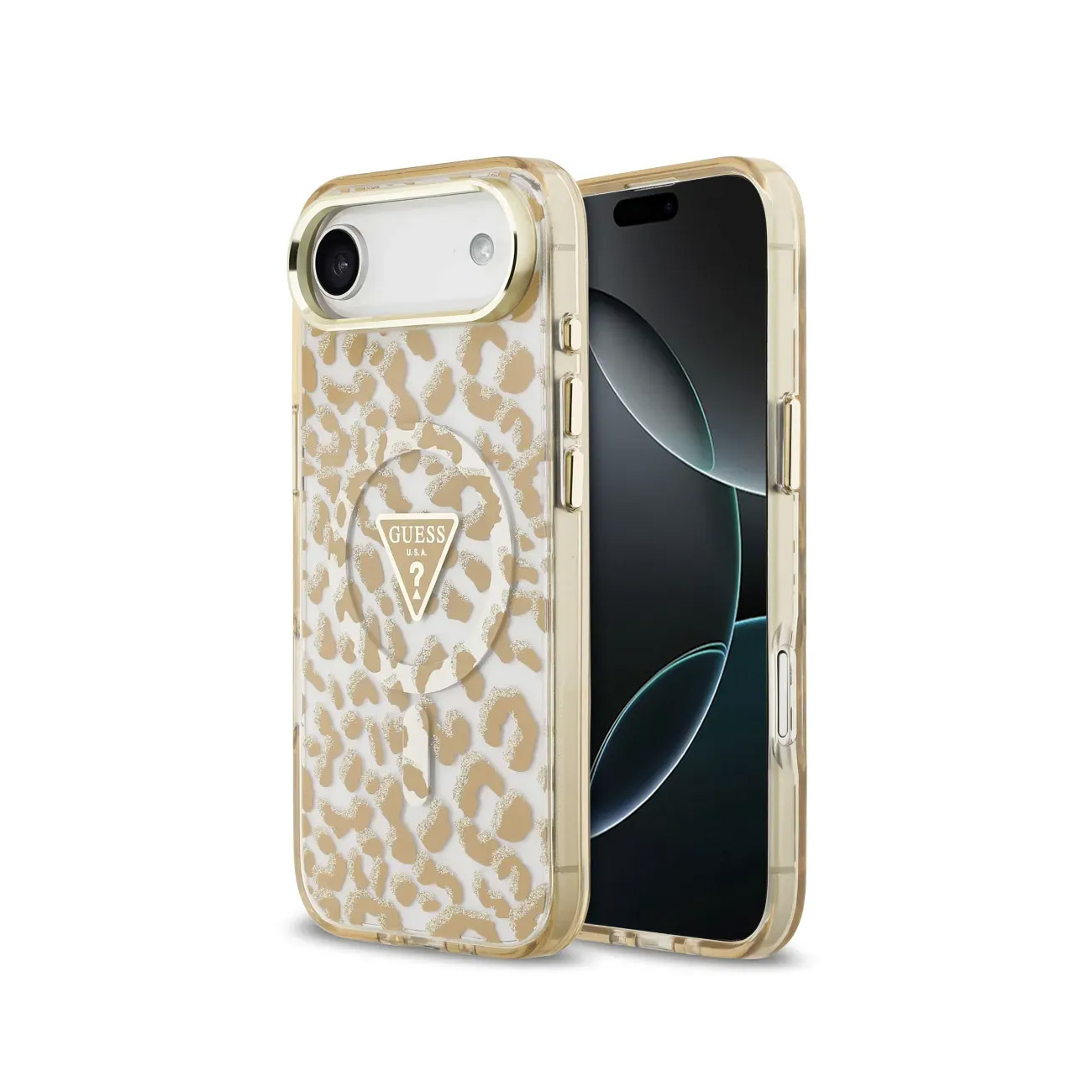 Funda dorada con estampado de leopardo y logo de GUESS sobre fondo blanco.