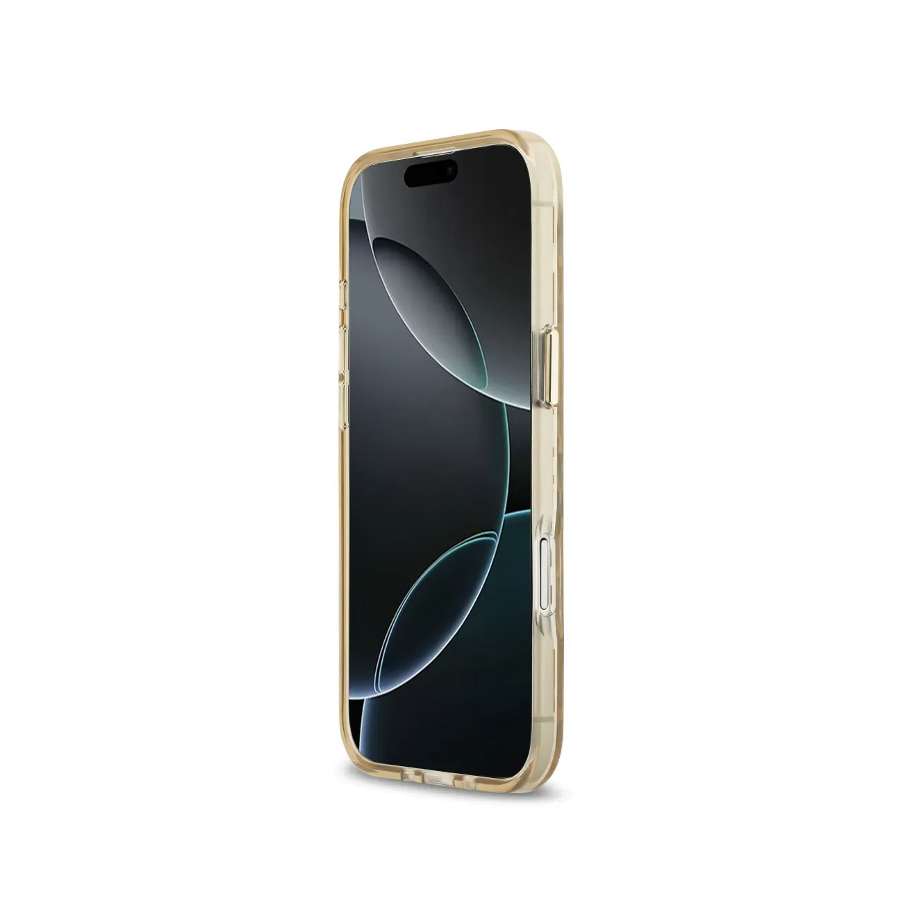Una funda de teléfono transparente con borde dorado rodea un smartphone.