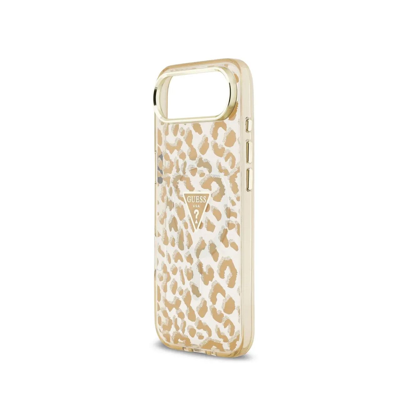 Una funda de teléfono transparente con estampado de leopardo y el logo de Guess.
