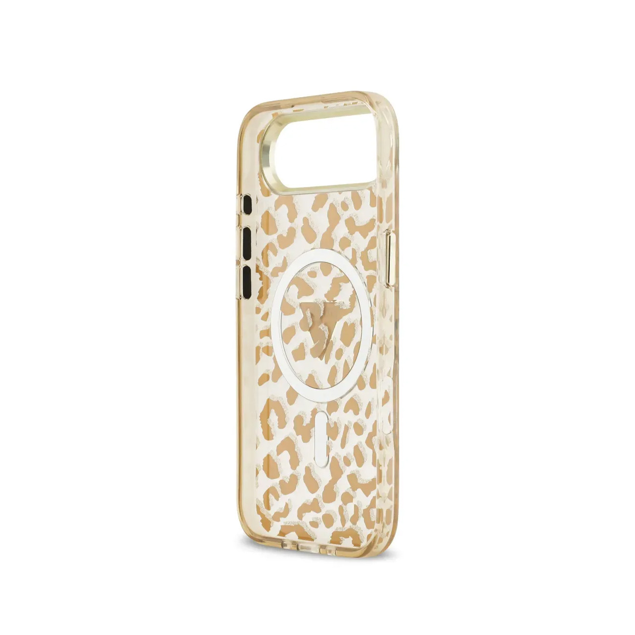 Funda transparente con estampado de leopardo y anillo MagSafe plateado.