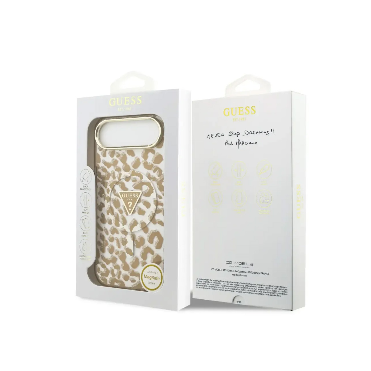 Funda Guess con estampado de leopardo, compatible con MagSafe, en caja.