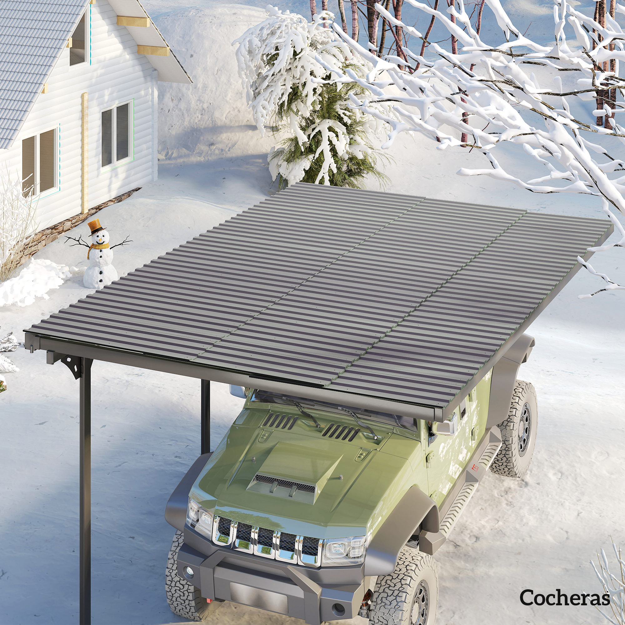 SUV verde bajo cochera nevada, casa y muñeco de nieve al fondo.