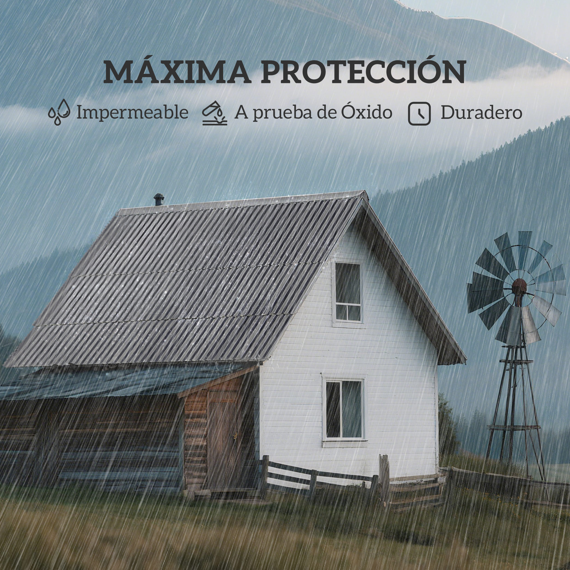 Casa con molino de viento bajo la lluvia. Pancarta "Máxima Protección".