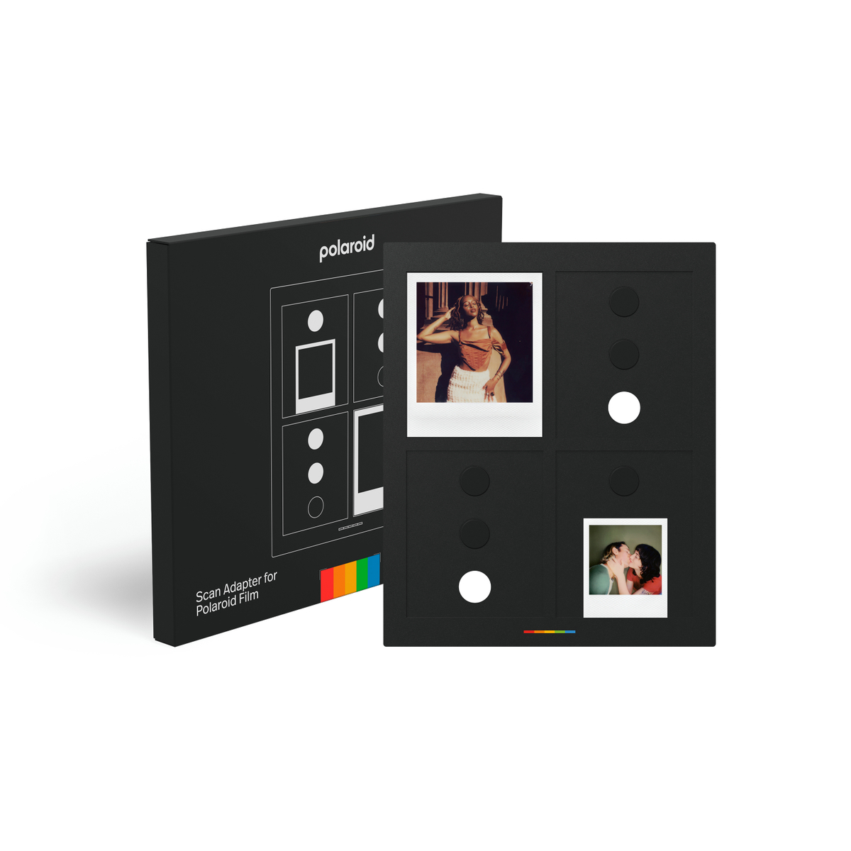 Schwarzer Polaroid-Scanadapter mit zwei eingesetzten Fotos. Regenbogenstreifen-Detail.