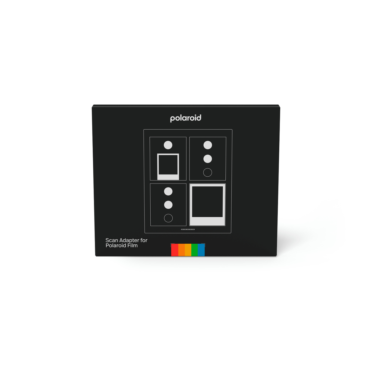Schwarze Box mit 'Polaroid'-Logo und Diagrammen zum Scannen von Polaroid-Filmen.