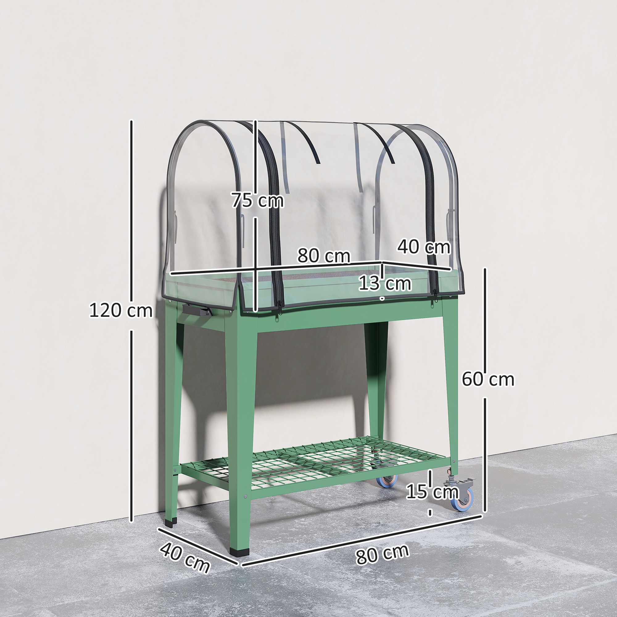 Un soporte verde para plantas con cubierta de cúpula transparente, dimensiones mostradas. Con ruedas.