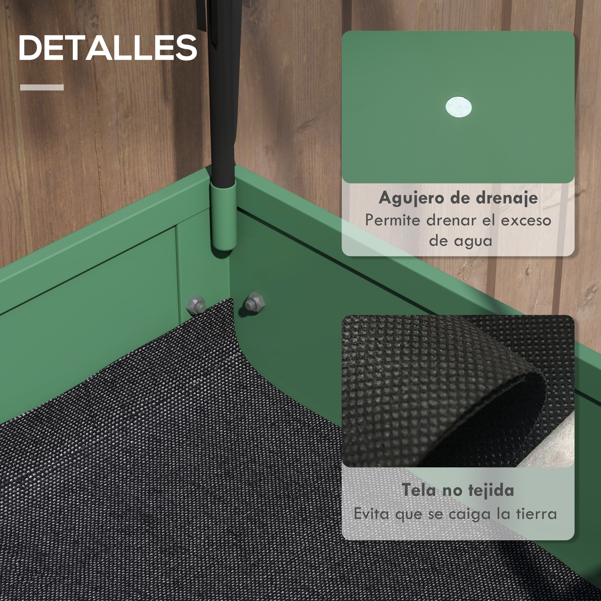 Contenedor verde con agujero de drenaje y tela no tejida. Fondo madera.