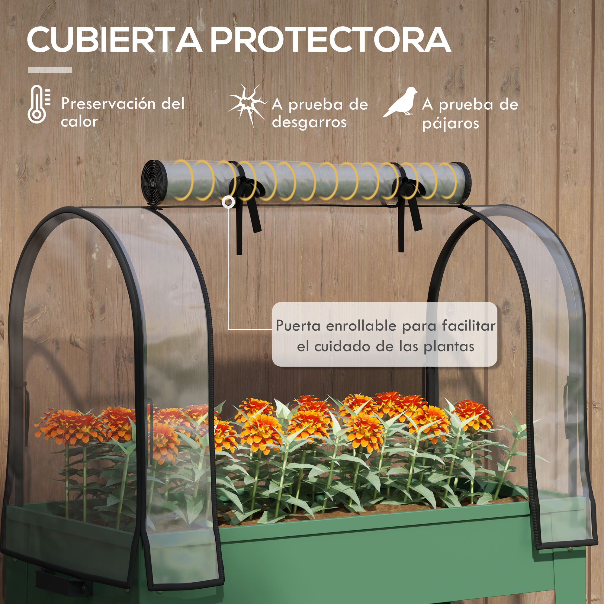 Cubierta protectora con flores naranjas y puerta enrollable.
