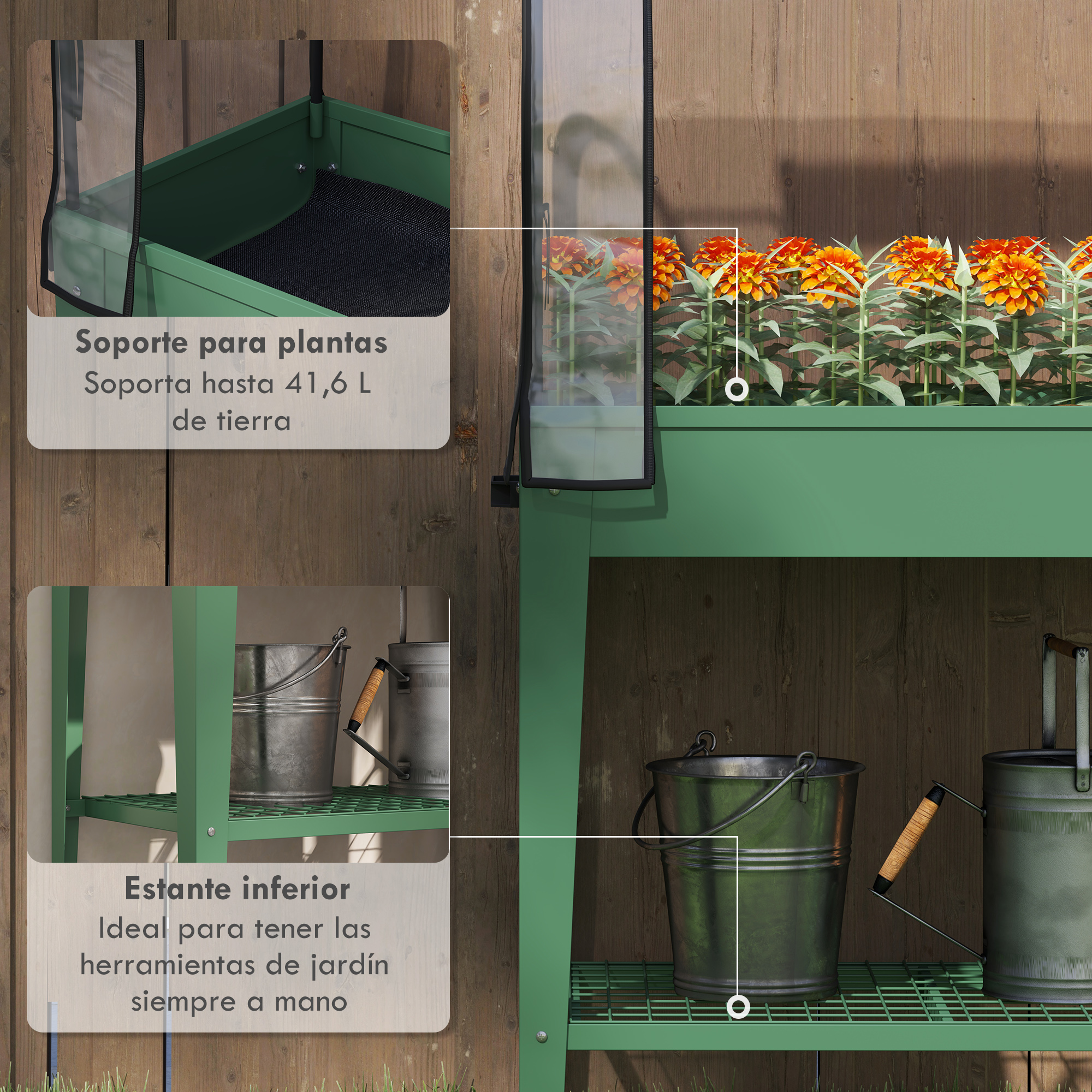 Soporte verde para plantas con flores y cubos sobre fondo de madera.