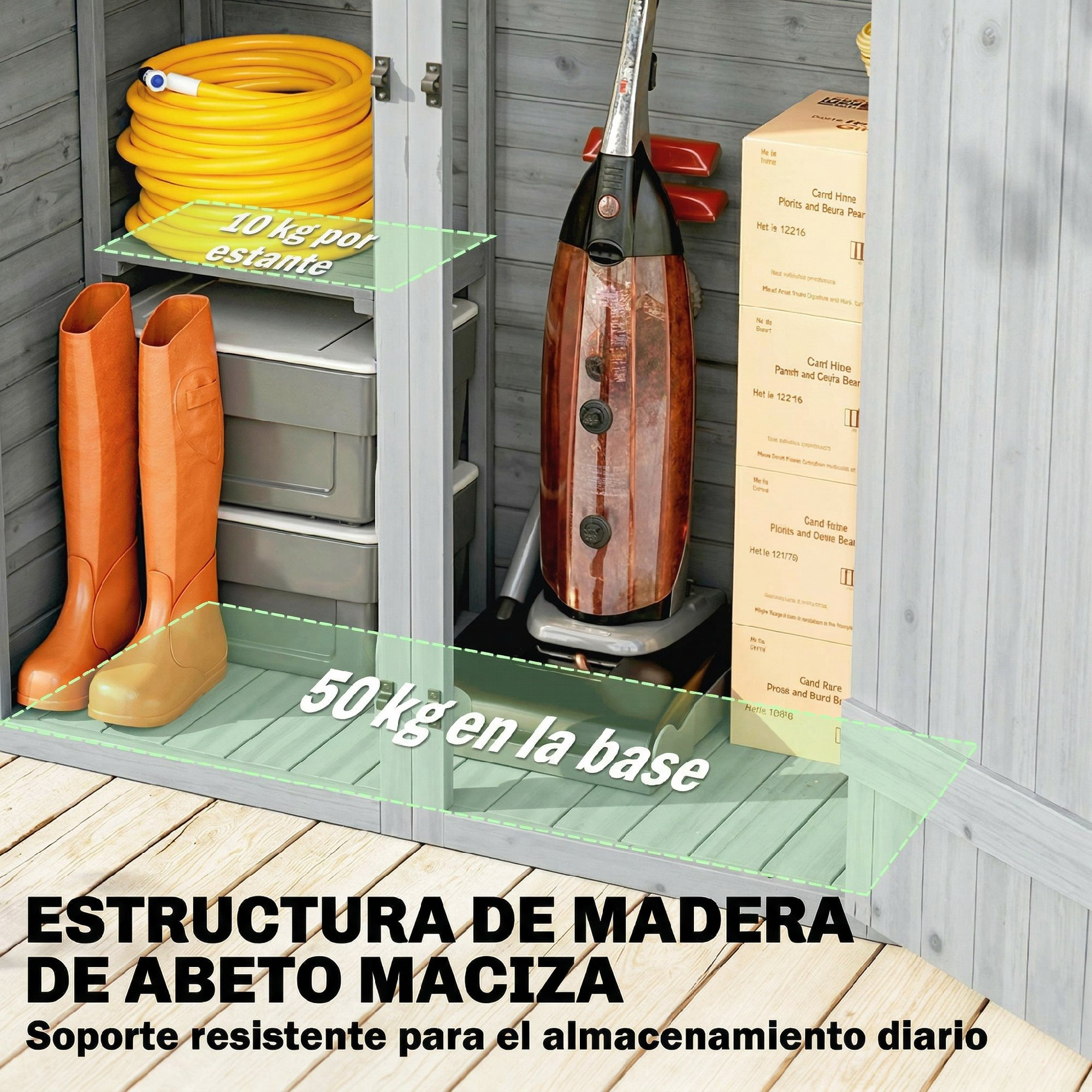 Un cobertizo de jardín de madera con botas, manguera y aspiradora.