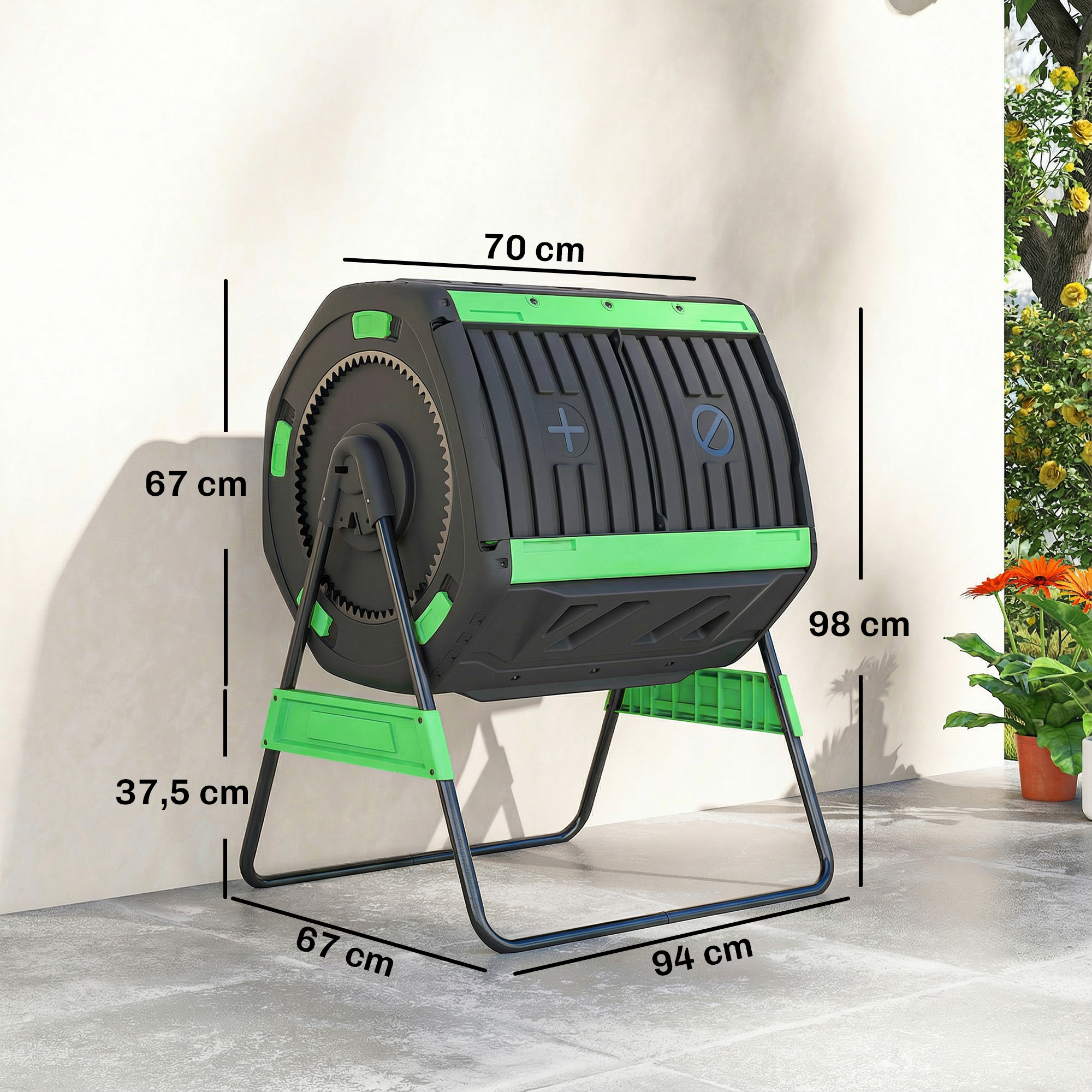 Un compostador negro con detalles verdes sobre un soporte.