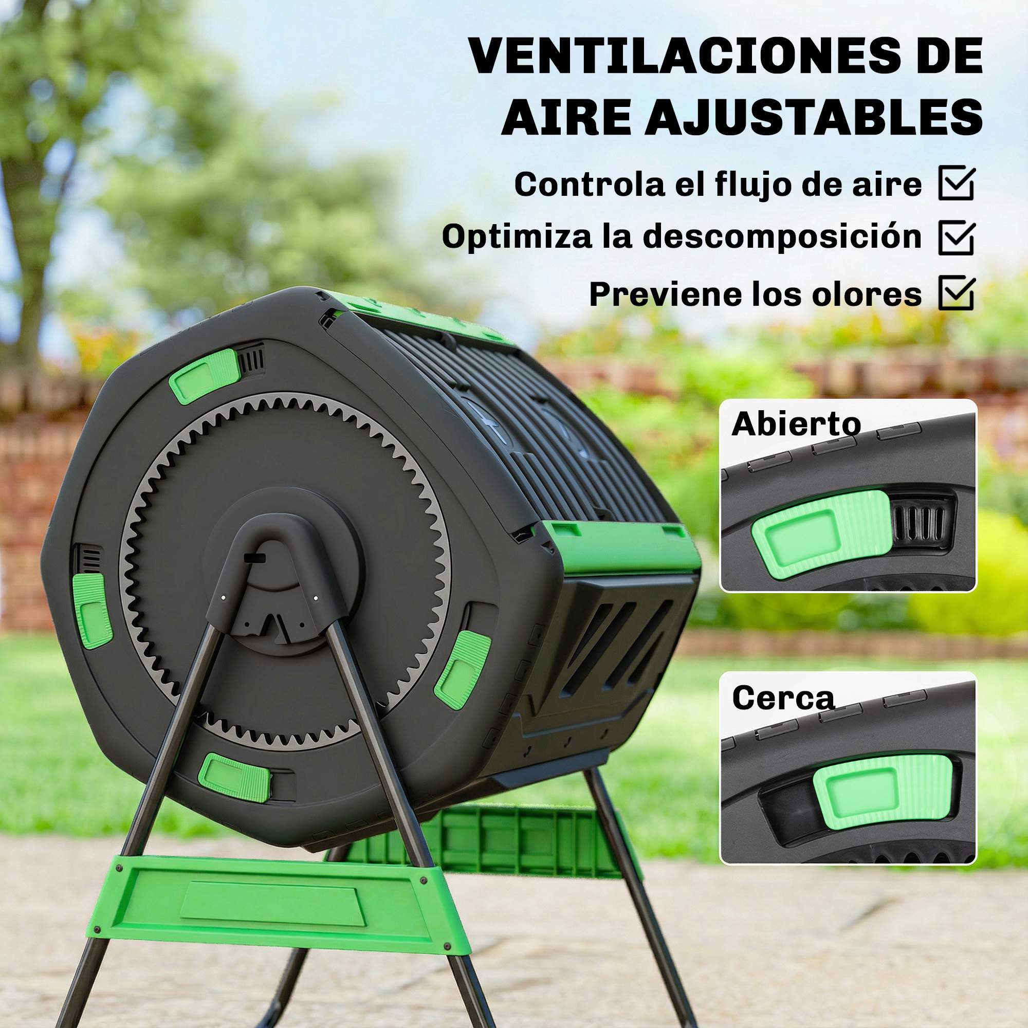 Compostador negro con detalles verdes sobre un soporte al aire libre.