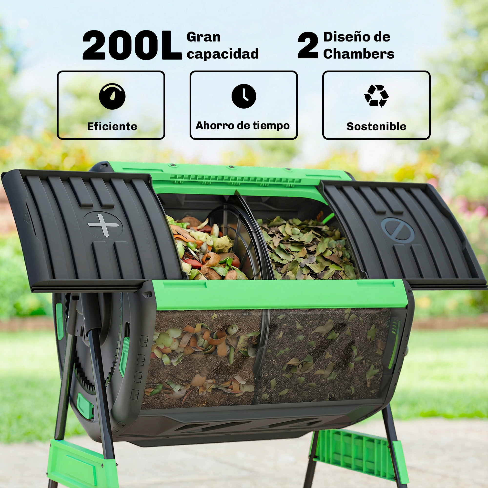 Un compostador verde de dos cámaras lleno de materia orgánica, colocado al aire libre.