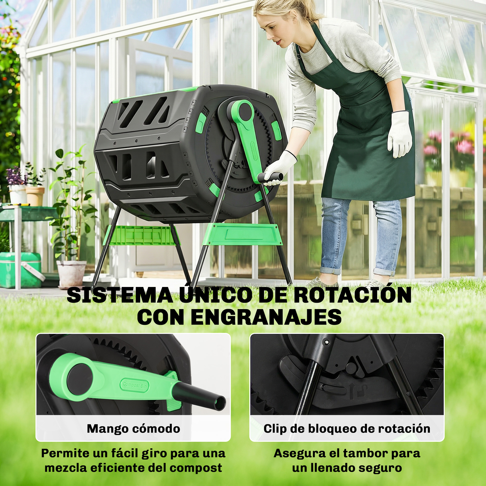Una mujer gira un compostador negro con asa verde frente a un invernadero.