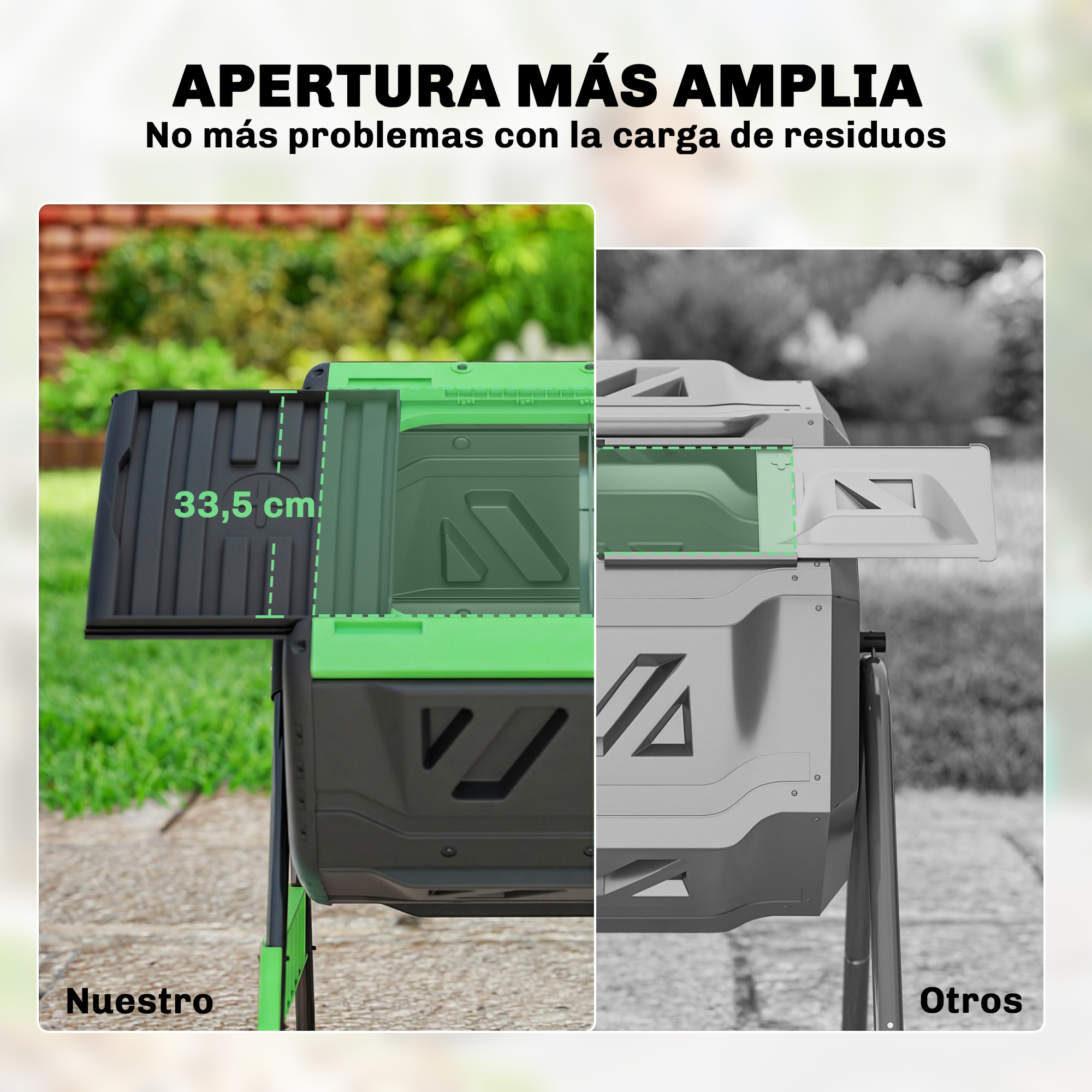 Comparación de compostador: el nuestro con 33,5 cm de apertura y otro.