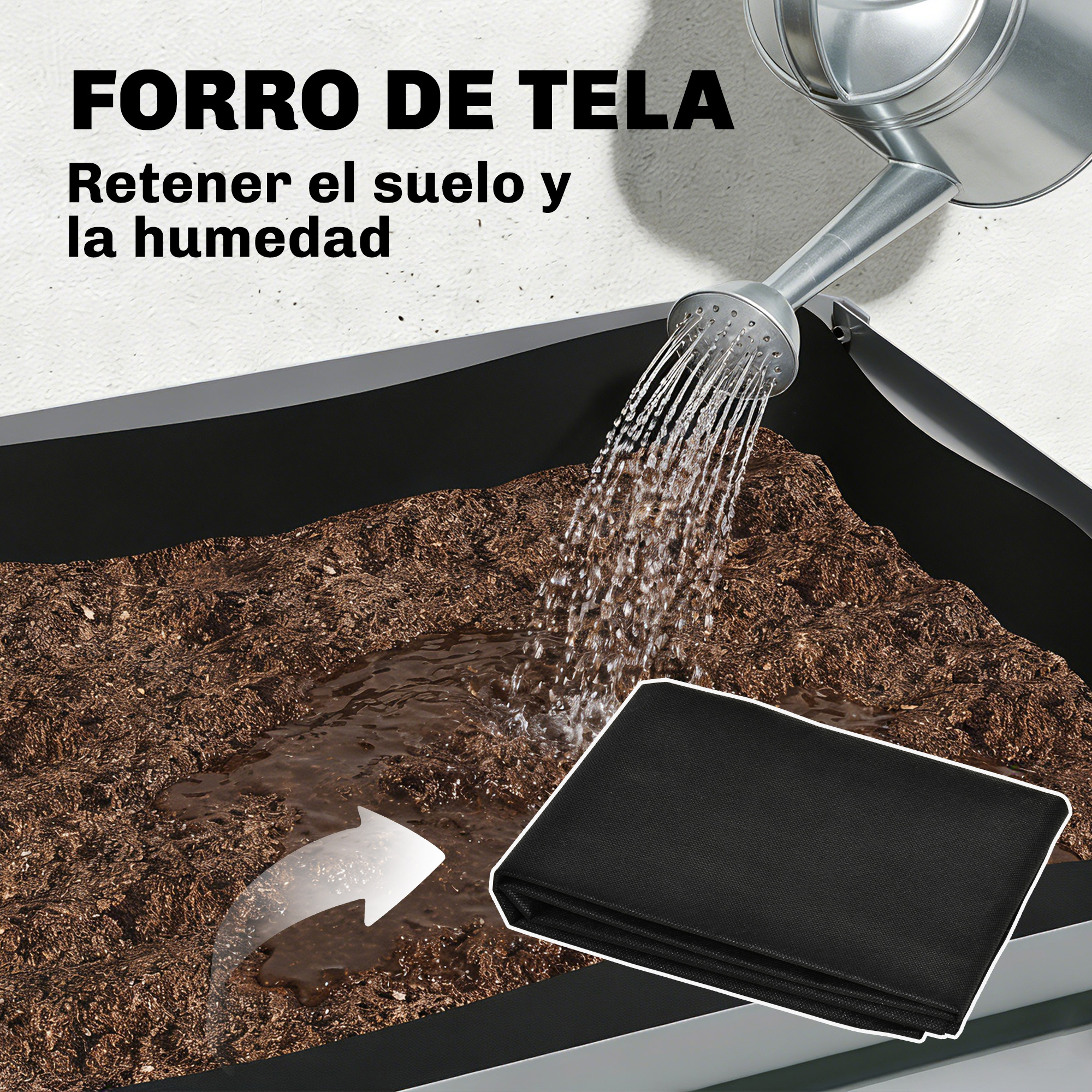 Una regadera riega tierra en una maceta. Una tela negra yace a su lado.