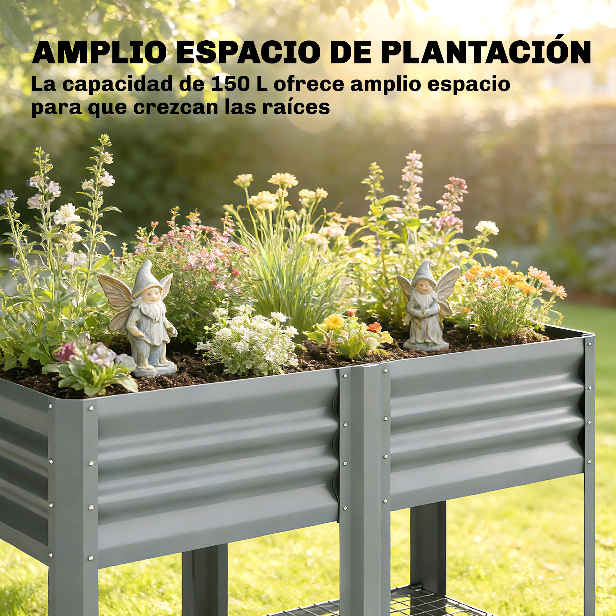 Un bancal elevado gris con flores y una pequeña figura de hada, soleado.