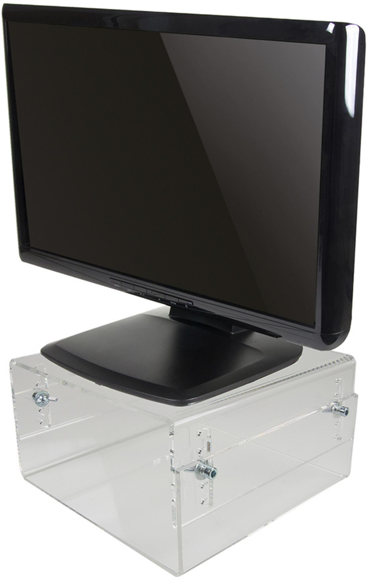 Een zwarte monitor staat op een doorzichtige acryl standaard met metalen schroeven.