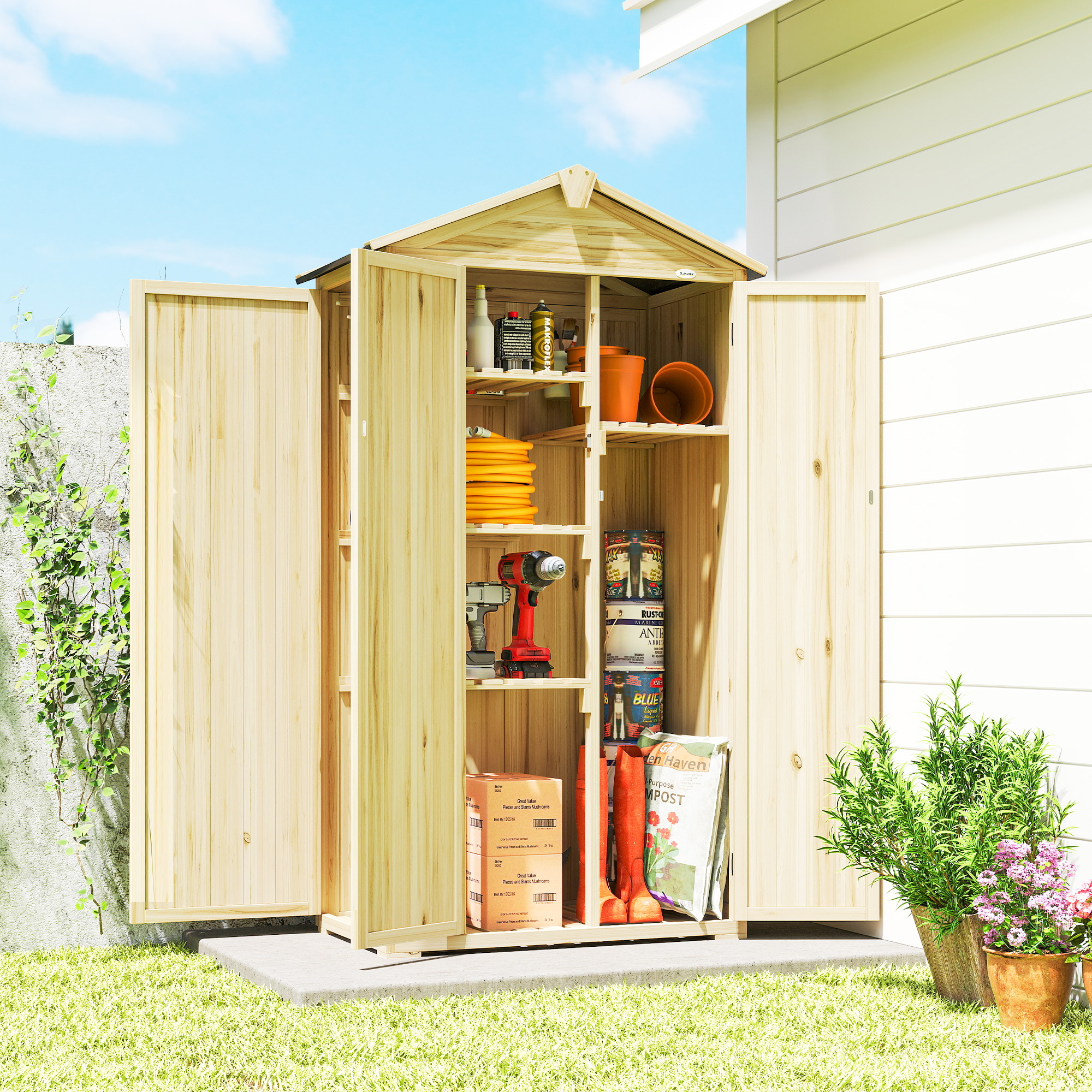 Un cobertizo de madera al aire libre con puertas abiertas, lleno de herramientas, plantas y suministros.
