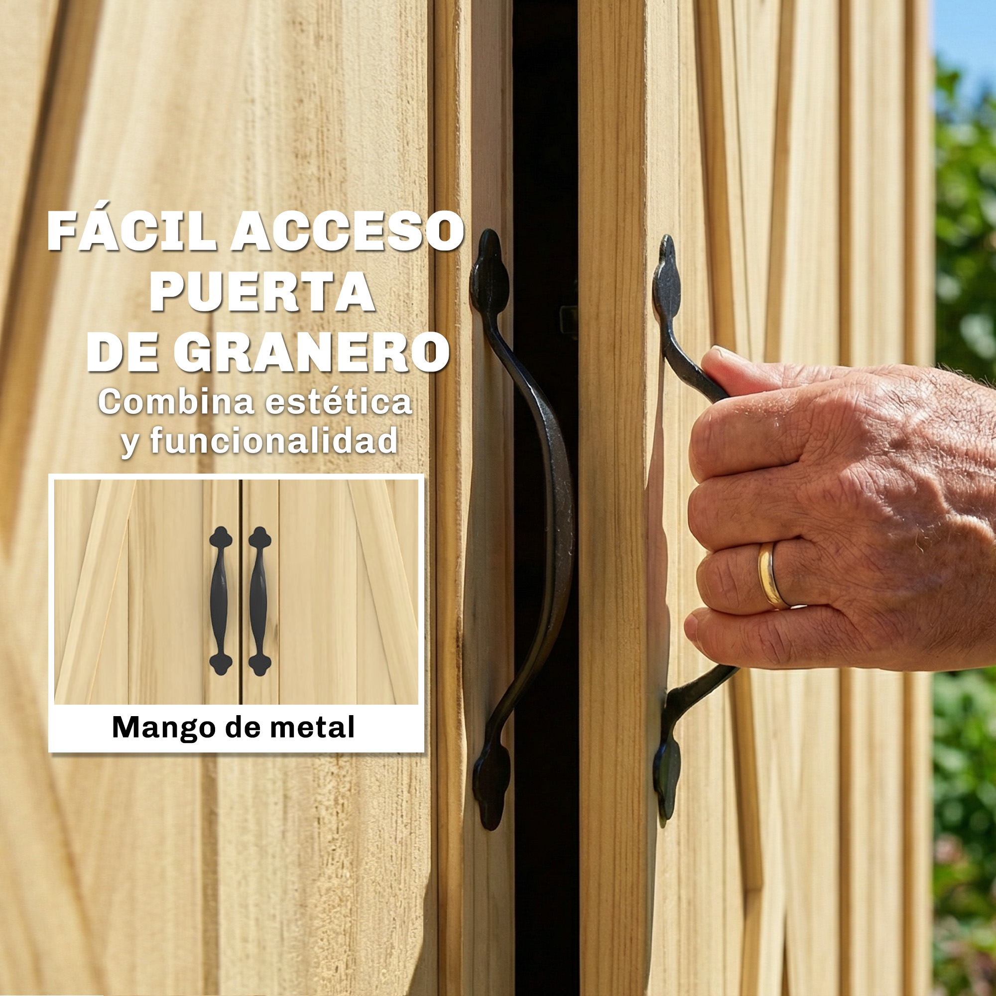 Una mano abre una puerta de madera con manijas negras. Texto en español.