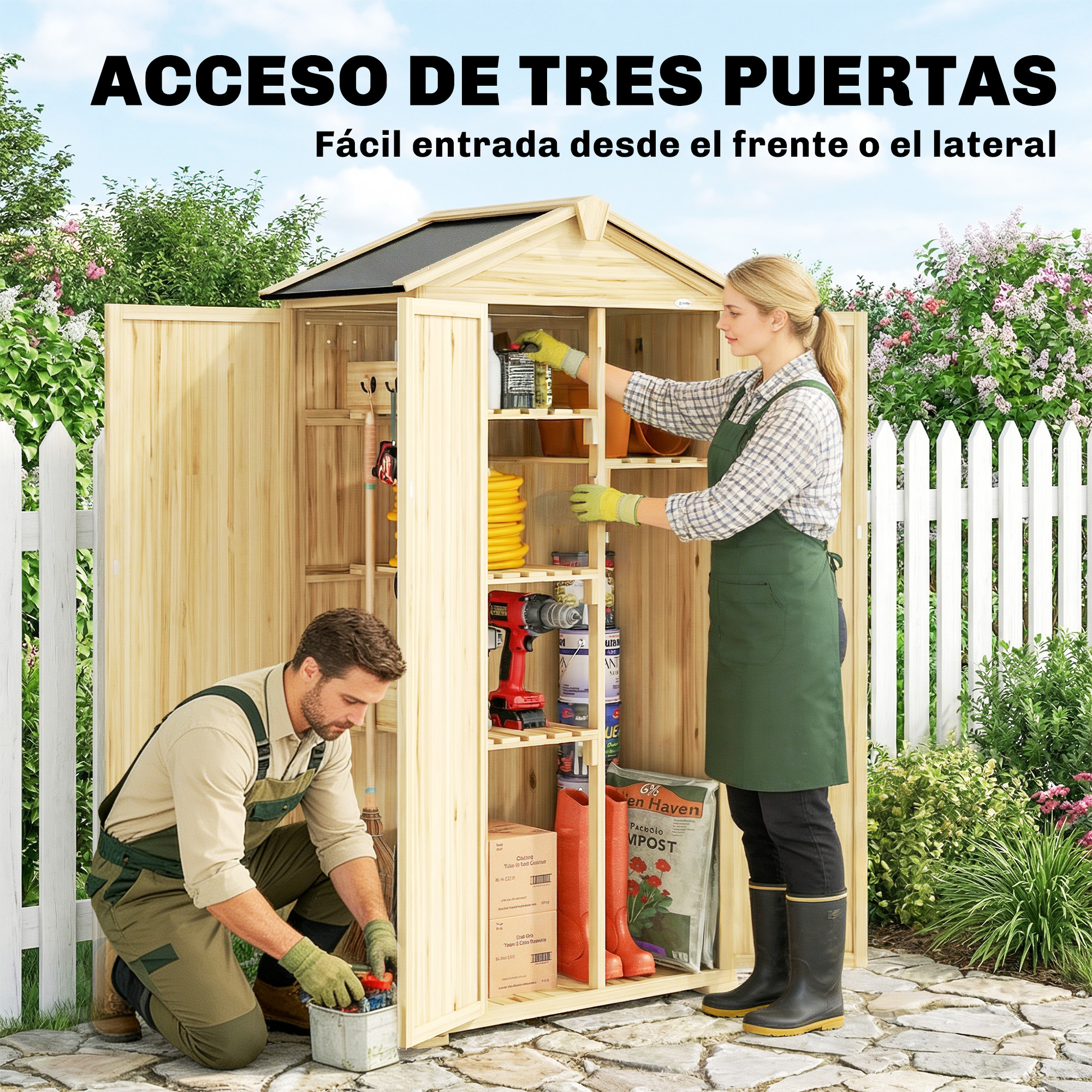 Dos personas organizan herramientas y suministros de jardín en un cobertizo.